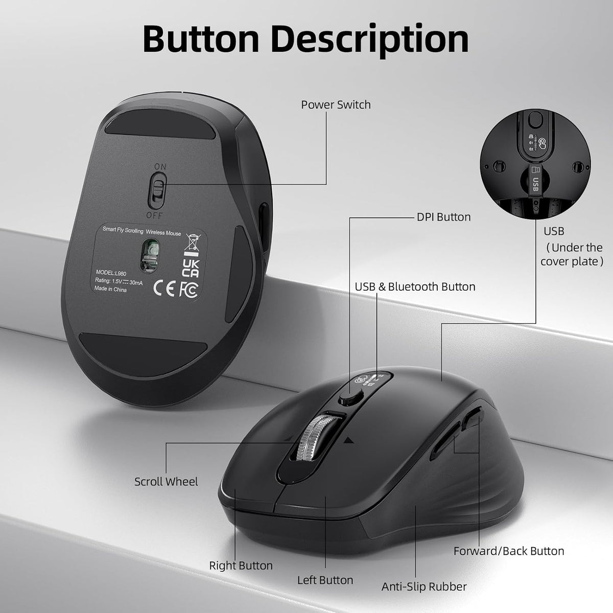 INFINMIND Wireless Bluetooth Mouse, Multi Device (BT1/BT2 + 2.4G USB) Mouse for Laptop, iPad & Mac, 4-Way Scroll with Side Buttons, Silent Click Ergonomic Offce Mouse, Adjustable DPI