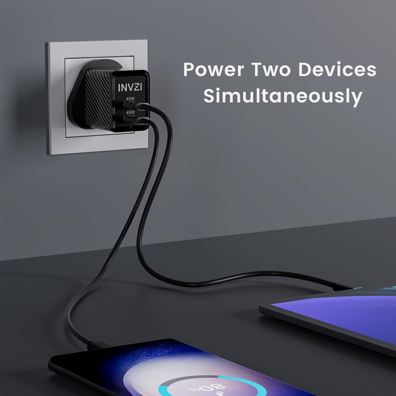 INVZI 45W USB C Charger, GaNHub 45w Dual Ports GaN Foldable PPS Wall Charger Block Support Samsung Super Fast Charging for Galaxy S24 Ultra,S24+,S23,Z Flip5,iP 16,15,14,13,iP,M-ac,Steam Deck