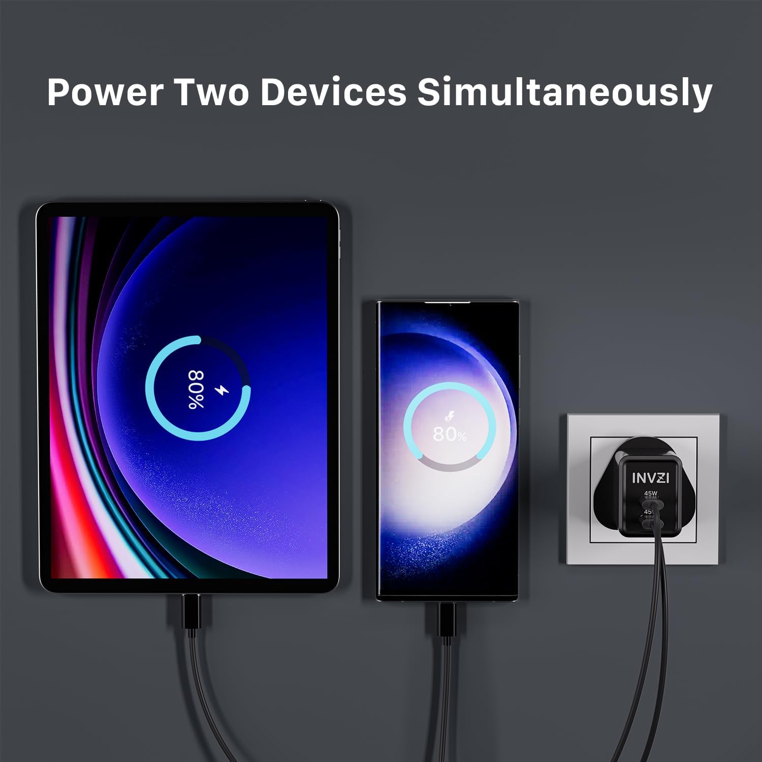 INVZI 45W USB C Charger, GaNHub 45w Dual Ports GaN Foldable PPS Wall Charger Block Support Samsung Super Fast Charging for Galaxy S24 Ultra,S24+,S23,Z Flip5,iP 16,15,14,13,iP,M-ac,Steam Deck