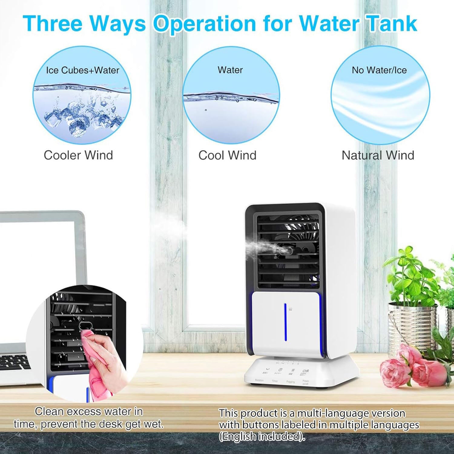Infray Portable Oscillating Air Conditioner Desk Fan Mini Evaporative Cooler, Mist Humidifier, Air Circulator Desktop Space Cooler with Timer Function for Home Office Bedroom