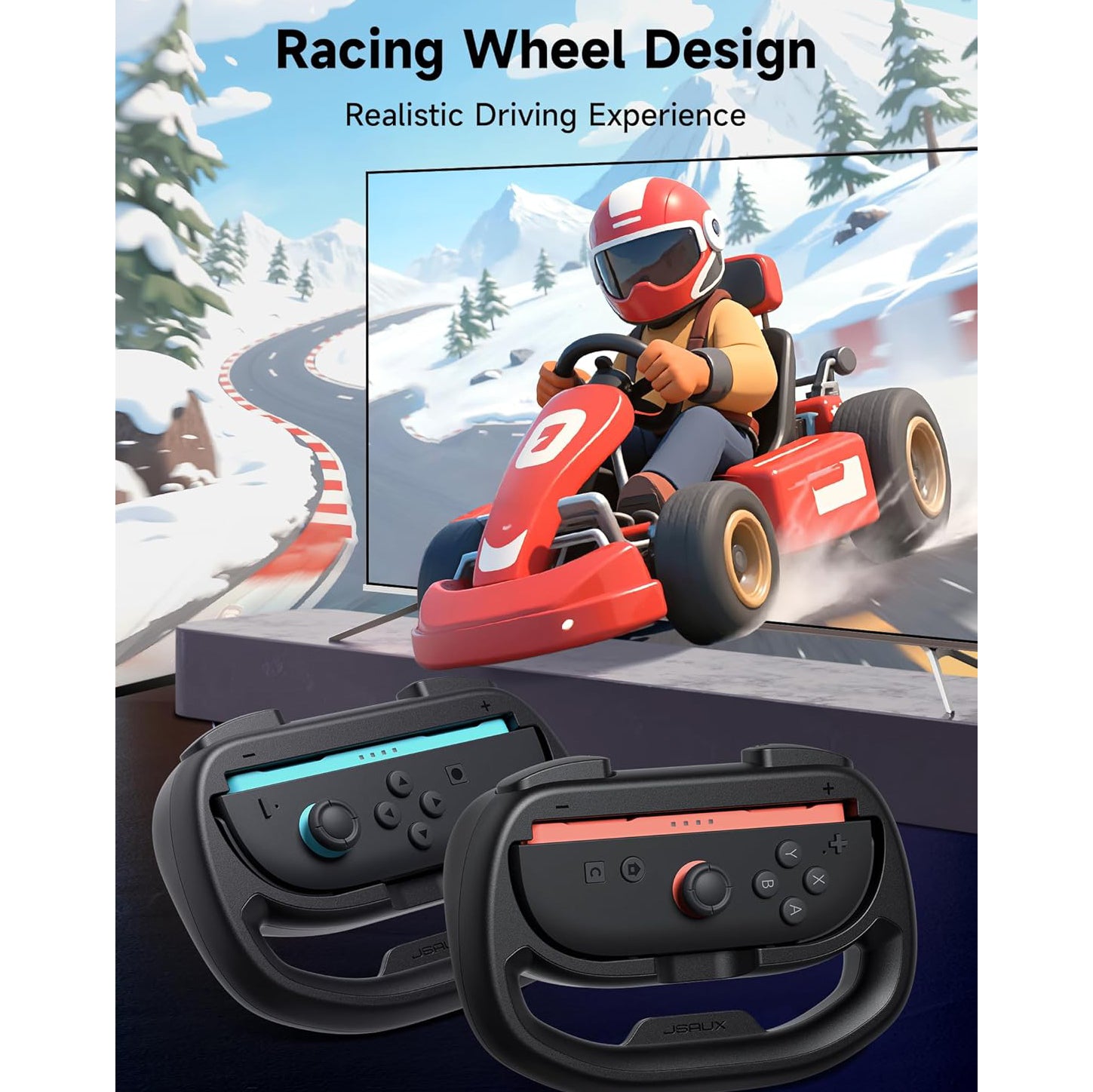 JSAUX Steering Wheels for Nintendo Switch 2 JoyCon Controller, Compatible with Mario Kart 9/8 Deluxe, Realistic Racing Experience with Comfortable Grip – 2X Black