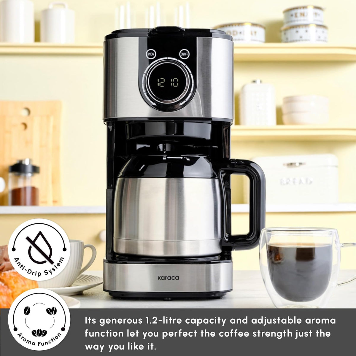 KARACA Series 2303 Filter Coffee Machines with Timer, Filter Coffee Maker with Automatic Keep Warm Function & 1.2-litre Steel Thermal Carafe, Fast Brewing, Black