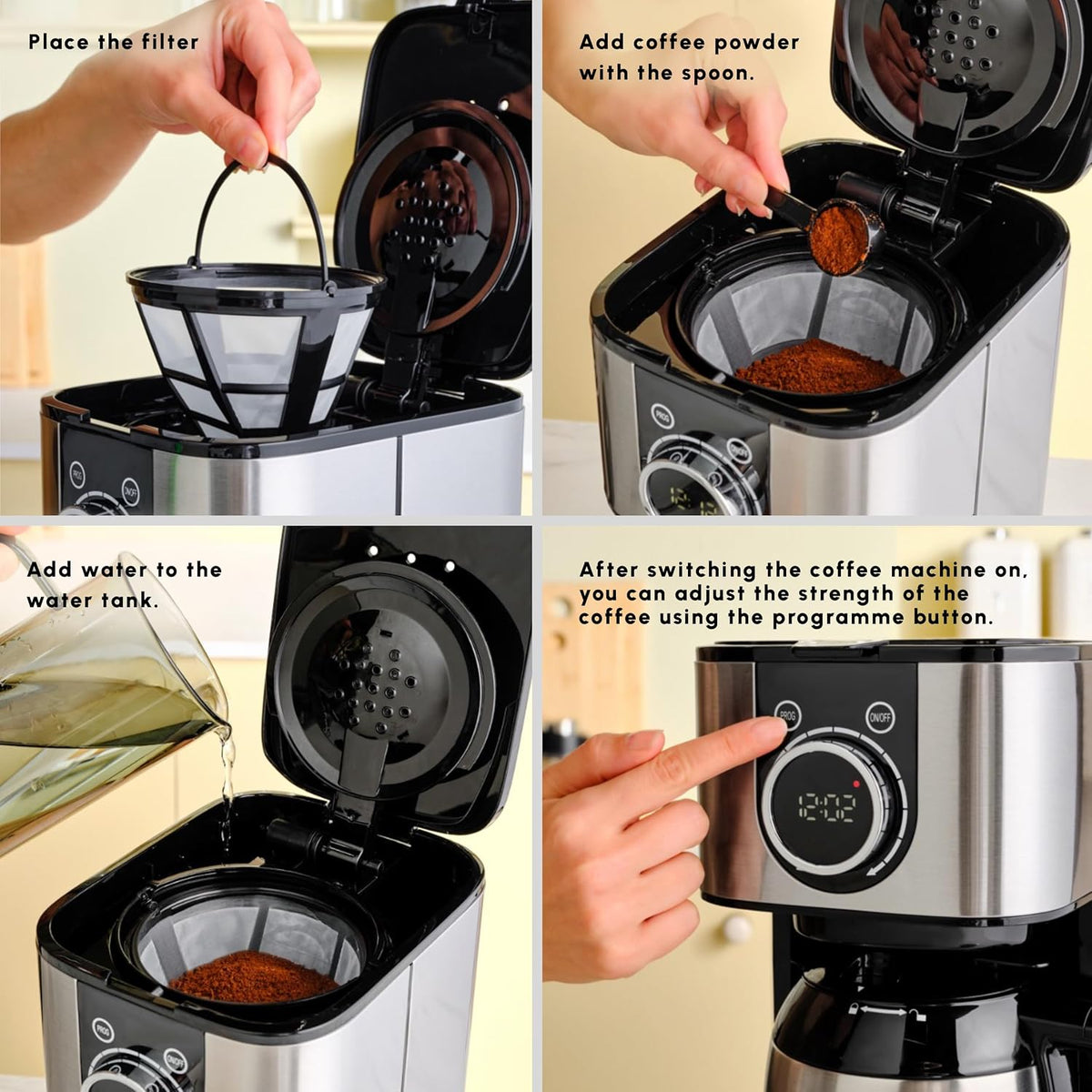 KARACA Series 2303 Filter Coffee Machines with Timer, Filter Coffee Maker with Automatic Keep Warm Function & 1.2-litre Steel Thermal Carafe, Fast Brewing, Black