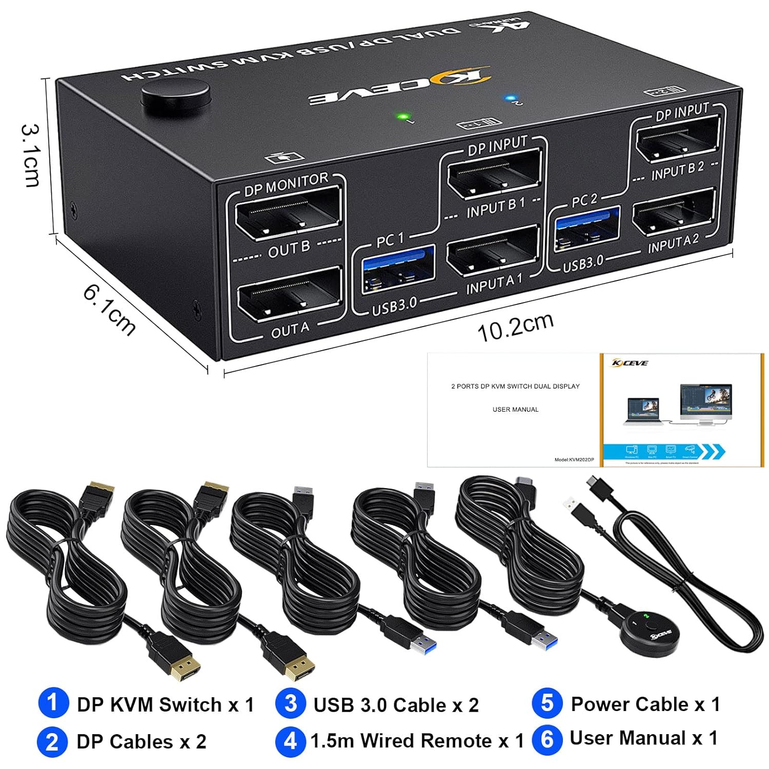 KCEVE KVM Switch 2 Monitors 2 Computers 4K@144Hz, Displayport KVM Switch Dual Monitor for 2 Computer Share 2 Monitor and 4 USB 3.0 Devices with Wired Remote