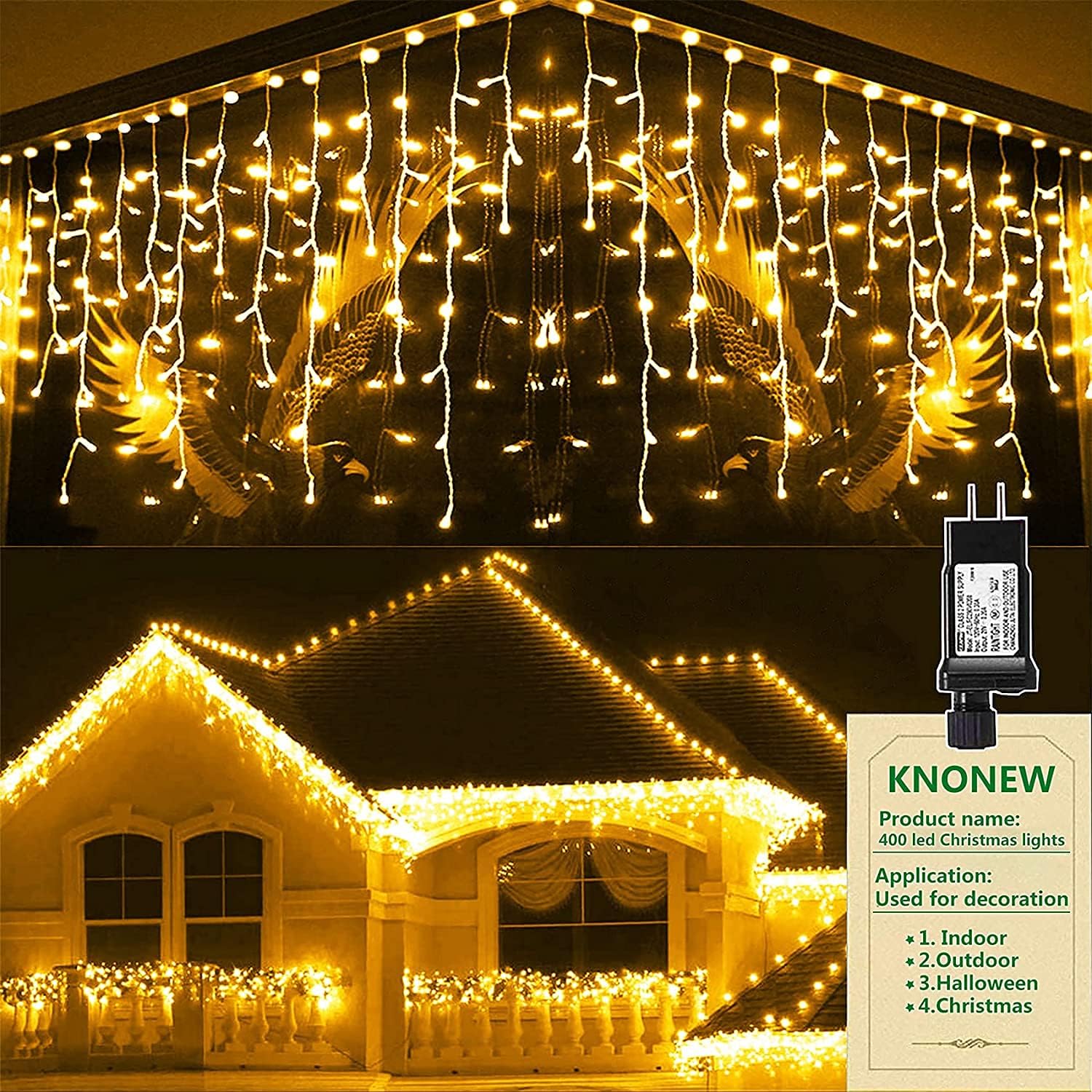 KNONEW Lights Outdoor Decorations 400 LED 33ft 8 Modes Curtain Fairy String Light with 75 Drops, Clear Wire LED String Light Indoor Decor for Wedding Party Christmas Decorations Warm White