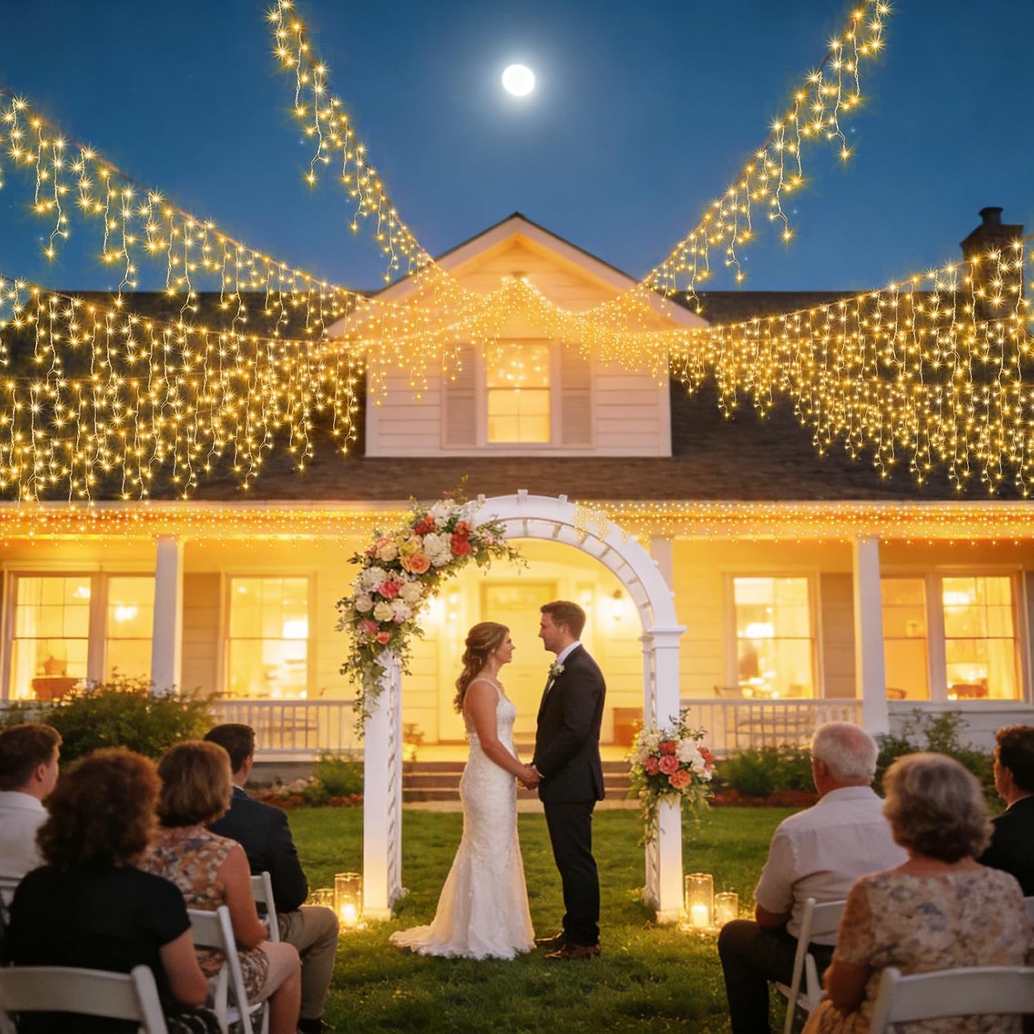 KNONEW Lights Outdoor Decorations 400 LED 33ft 8 Modes Curtain Fairy String Light with 75 Drops, Clear Wire LED String Light Indoor Decor for Wedding Party Christmas Decorations Warm White