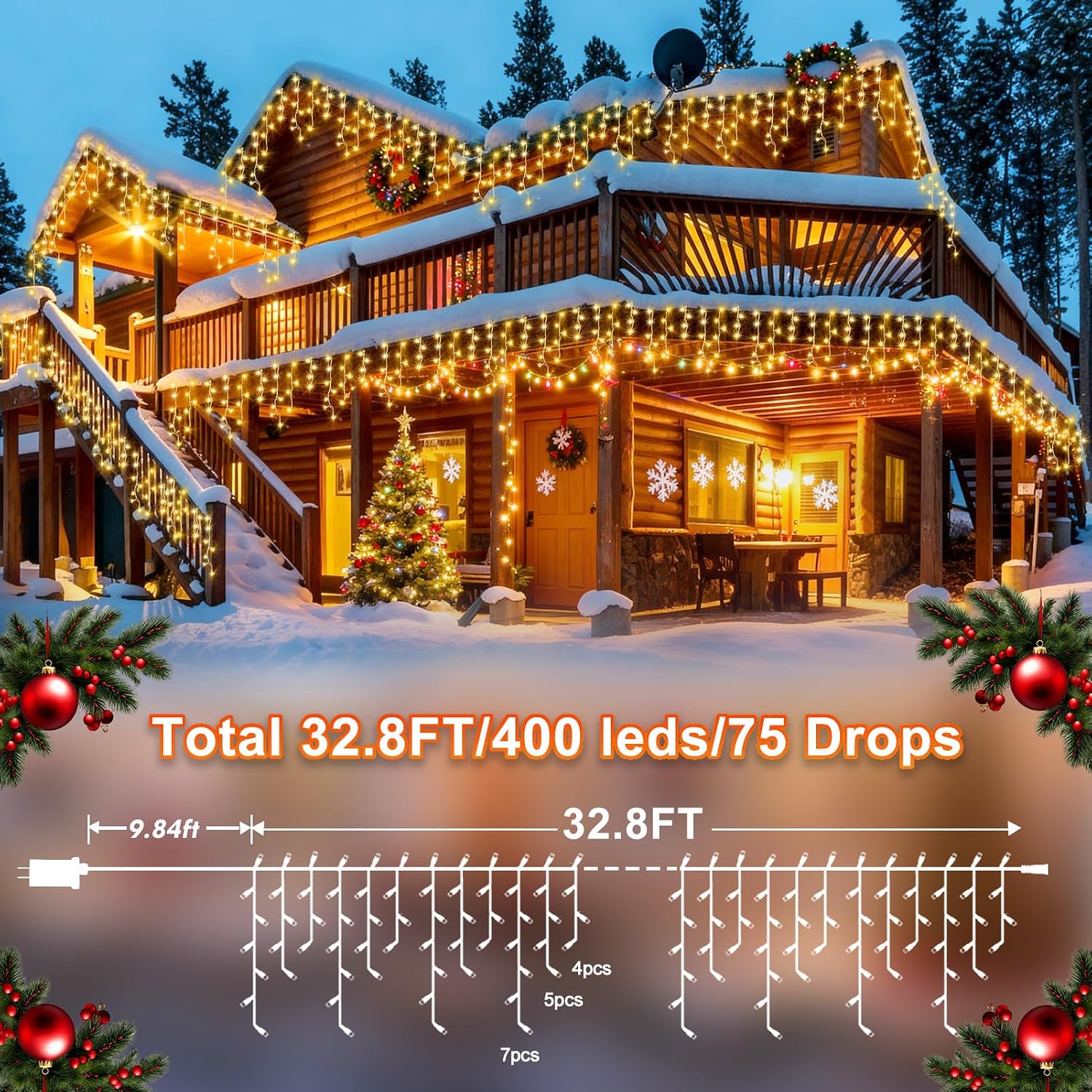 KNONEW Lights Outdoor Decorations 400 LED 33ft 8 Modes Curtain Fairy String Light with 75 Drops, Clear Wire LED String Light Indoor Decor for Wedding Party Christmas Decorations Warm White