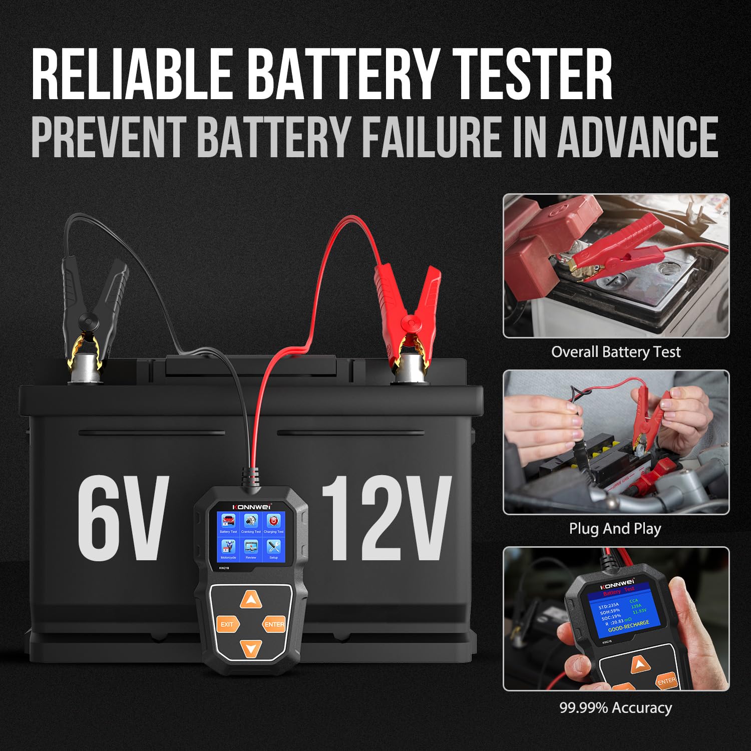KONNWEI Car Battery Tester 6V 12V 100-2000 CCA Battery Load Tester Digital Automotive Charge Analyzer and Charging System Test Tool - KW218