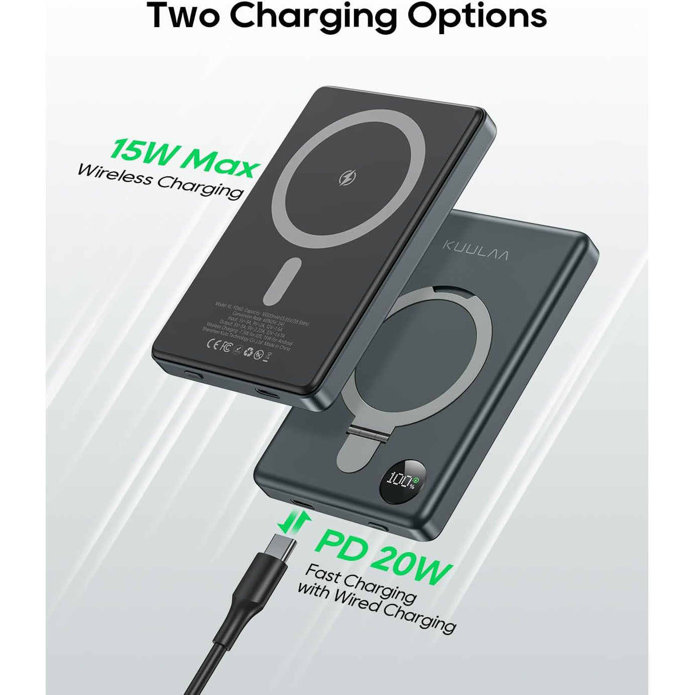 KUULAA Compatible-Mag-Safe Wireless Power Bank 10000mAh, PD 20W Fast Charging Magnetic Portable Charger with Stand and LED Display
