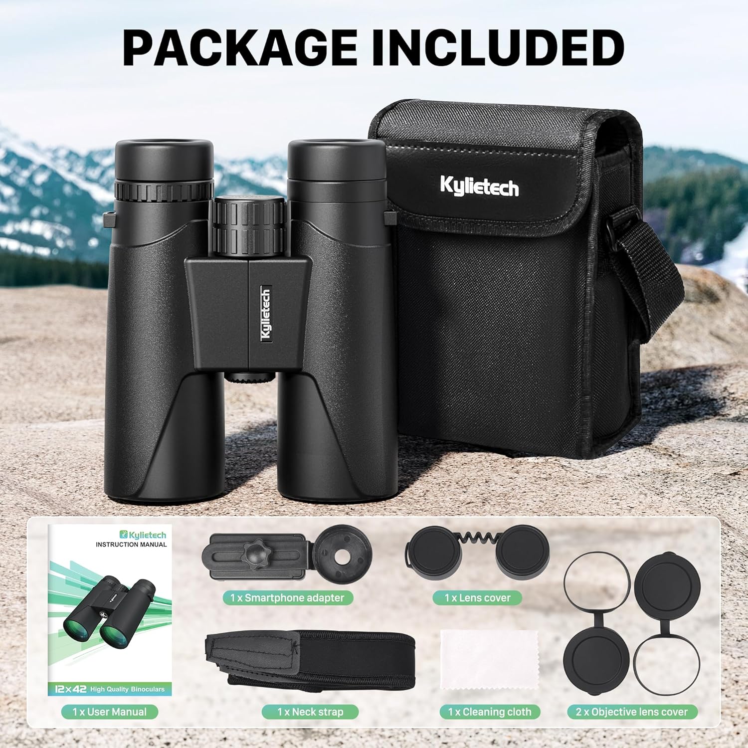 Kylietech 12X42 Binoculars for Adults with Universal Phone Adapter, HD Waterproof Fogproof Compact Binoculars for Bird Watching, Hunting, Hiking, Sports, and Concerts with BAK4 Prism FMC Lens