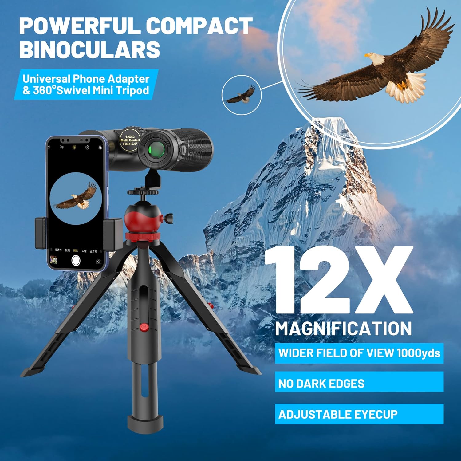 Kylietech 12x42 Binoculars with Tripod, Waterproof Bird Watching Binocular with BaK-4 Prisms, FMC Lens, Phone Adapter for Photography, Stargazing