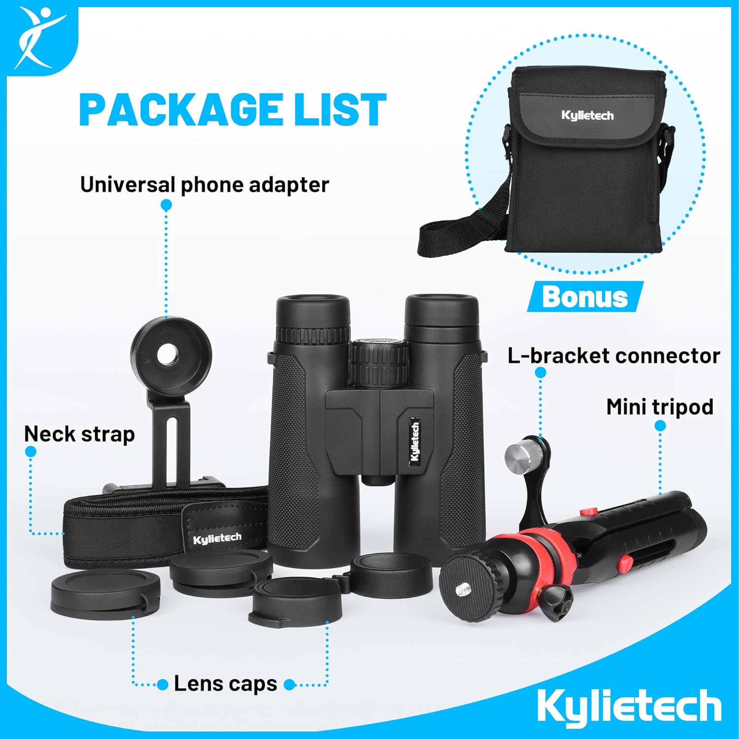 Kylietech 12x42 Binoculars with Tripod, Waterproof Bird Watching Binocular with BaK-4 Prisms, FMC Lens, Phone Adapter for Photography, Stargazing