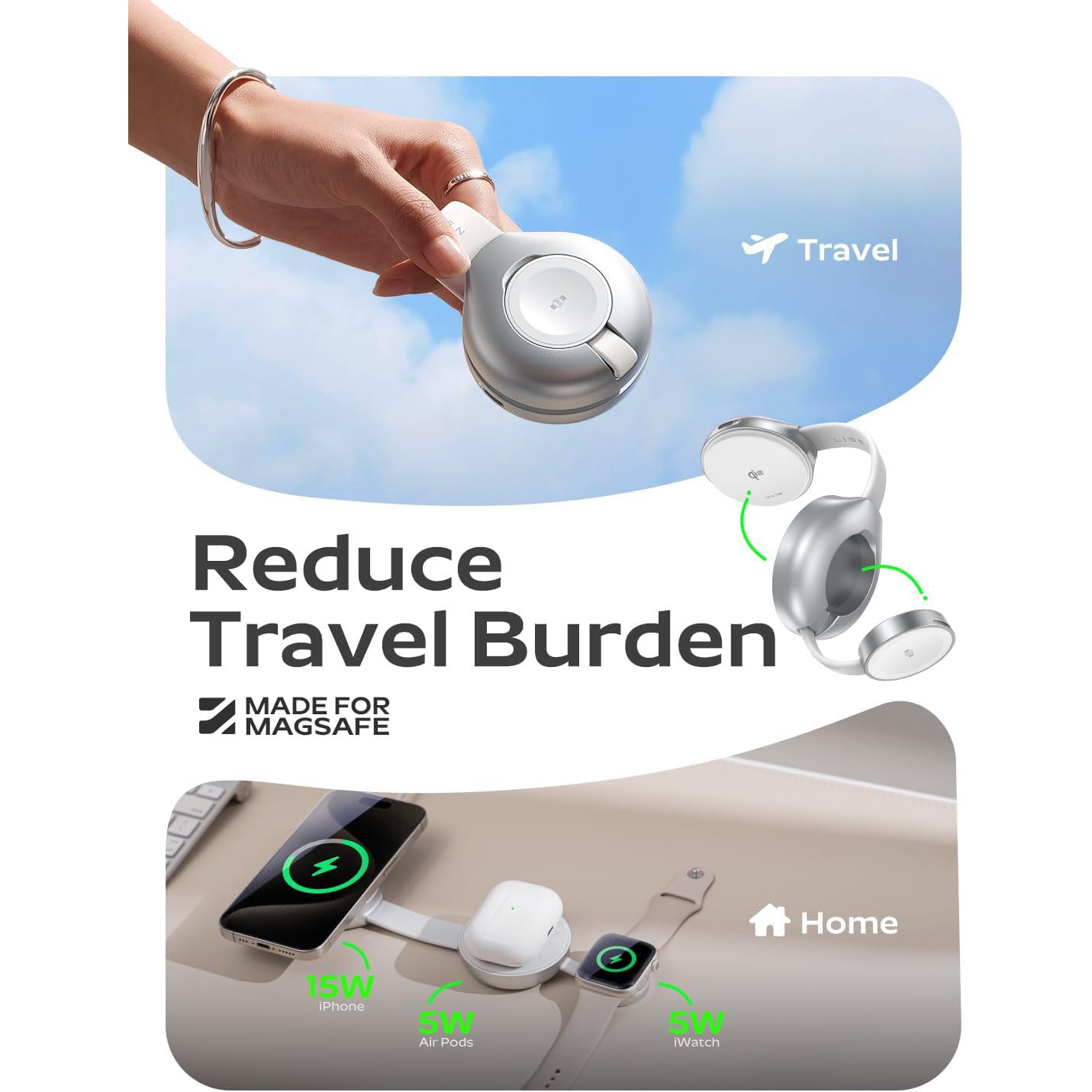 LISEN Qi2 Compatibile-Mag-safe 15W FAST 3 in 1 Charging Station with 30W Charger,Travel Charger for Multiple Devices iP 12,13,14,15,16