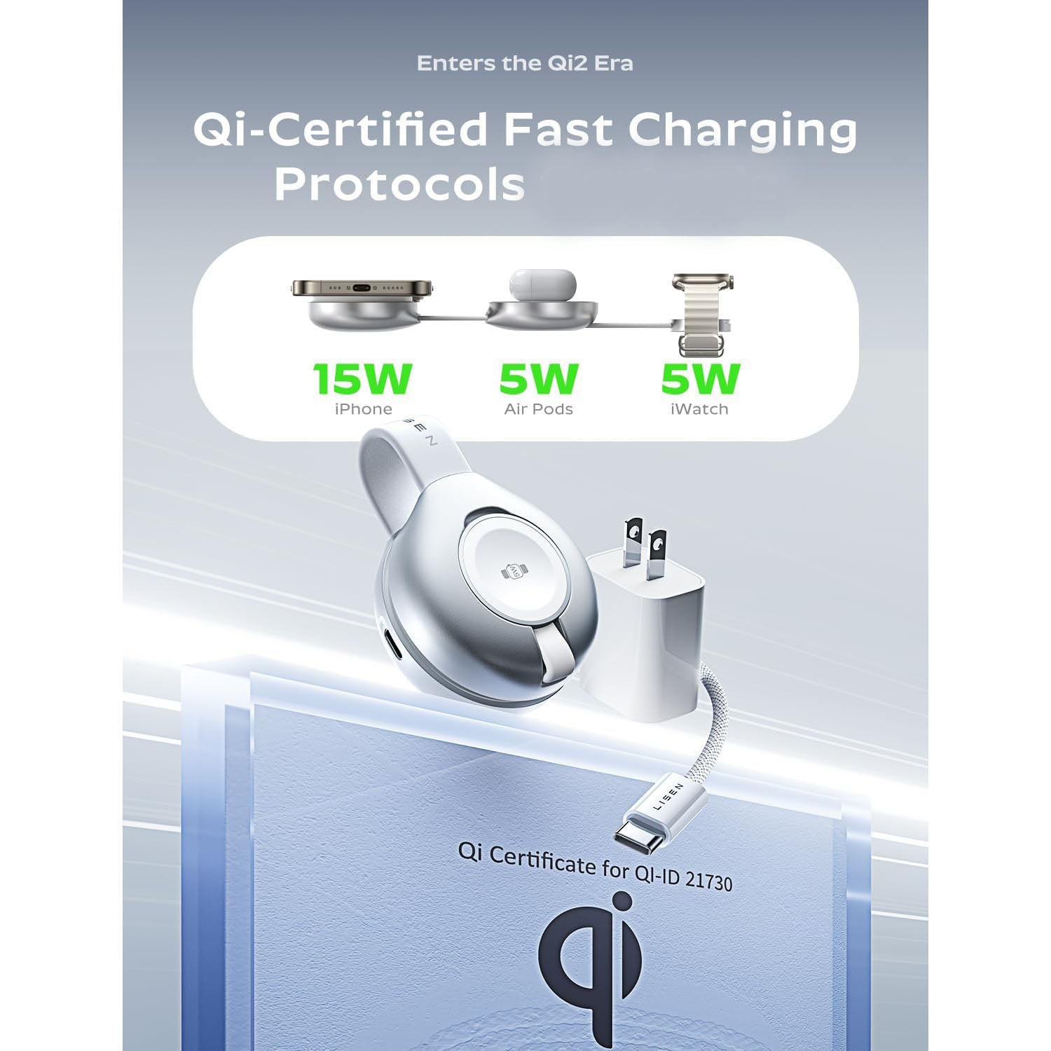 LISEN Qi2 Compatibile-Mag-safe 15W FAST 3 in 1 Charging Station with 30W Charger,Travel Charger for Multiple Devices iP 12,13,14,15,16