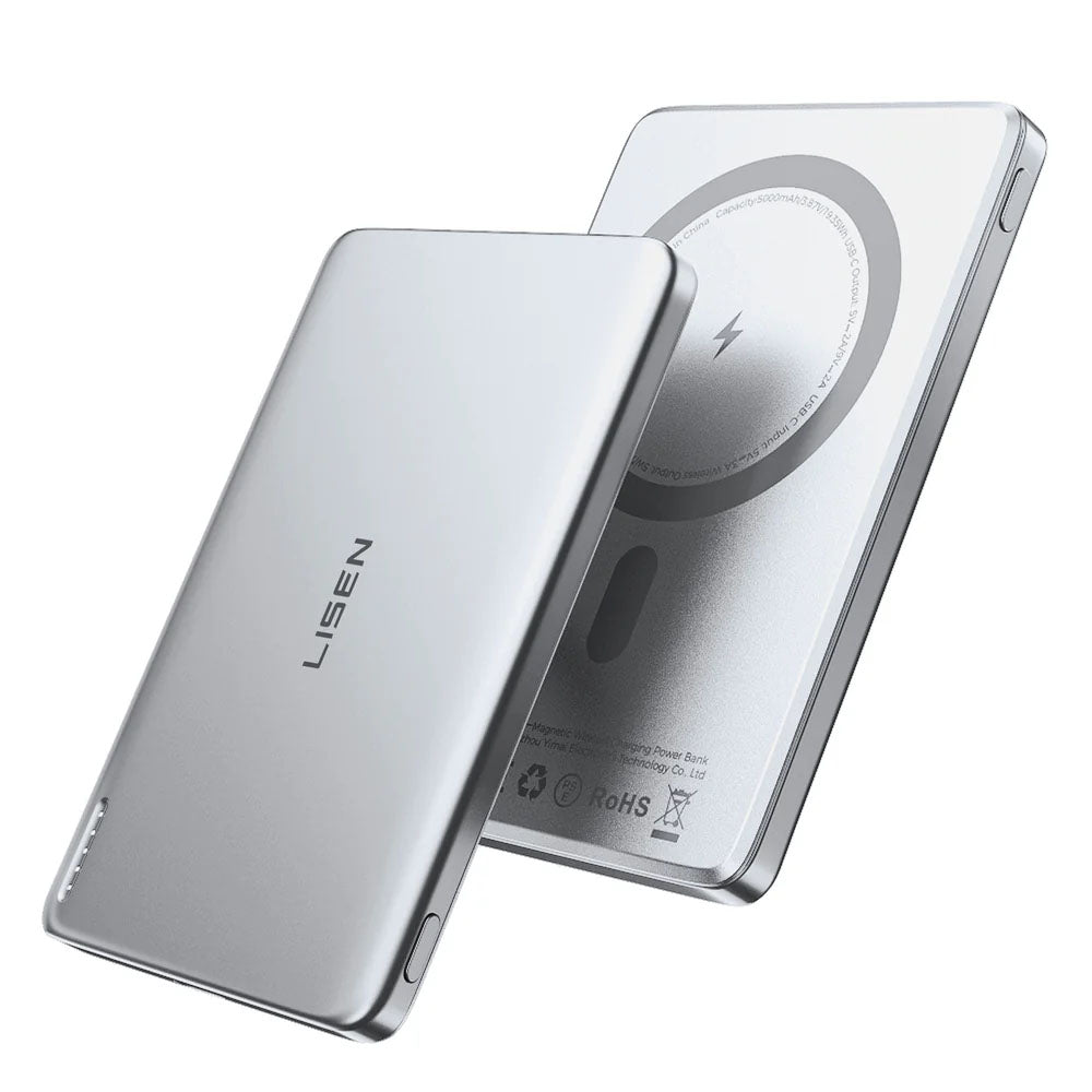 LISEN Ultra Slim Compatible-Mag-Safe Power Bank, 5000mAh Wireless Slim Compatible-Mag-Safe Battery Pack, Magnetic Portable Power Bank for Phone