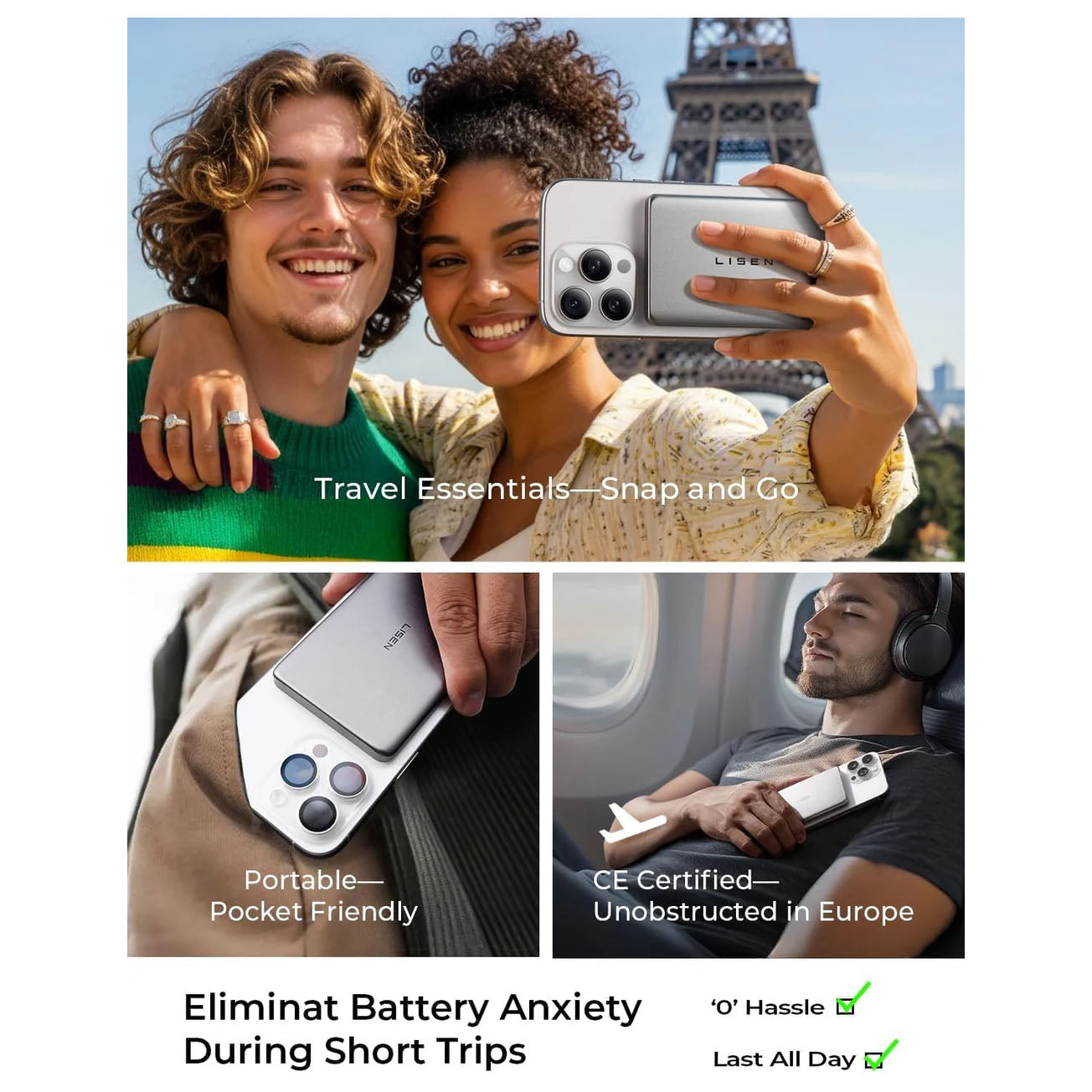 LISEN Ultra Slim Compatible-Mag-Safe Power Bank, 5000mAh Wireless Slim Compatible-Mag-Safe Battery Pack, Magnetic Portable Power Bank for Phone