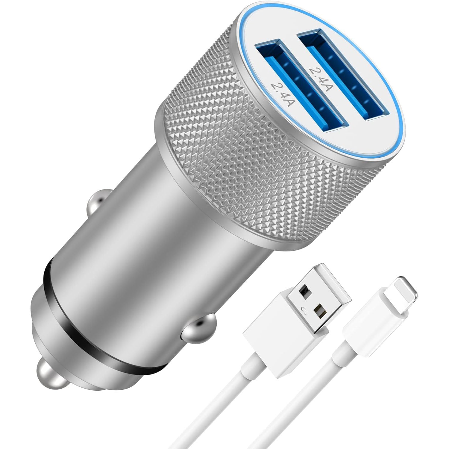 LUOSIKE 12W Dual-USB Car Charger with Phone Charging Cable, 5 V/2.4 A 2-Port Car Charger and 1 m Cable, 12 V/24 V Socket for Car, Compatible with Smartphones