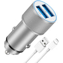 LUOSIKE 12W Dual-USB Car Charger with Phone Charging Cable, 5 V/2.4 A 2-Port Car Charger and 1 m Cable, 12 V/24 V Socket for Car, Compatible with Smartphones