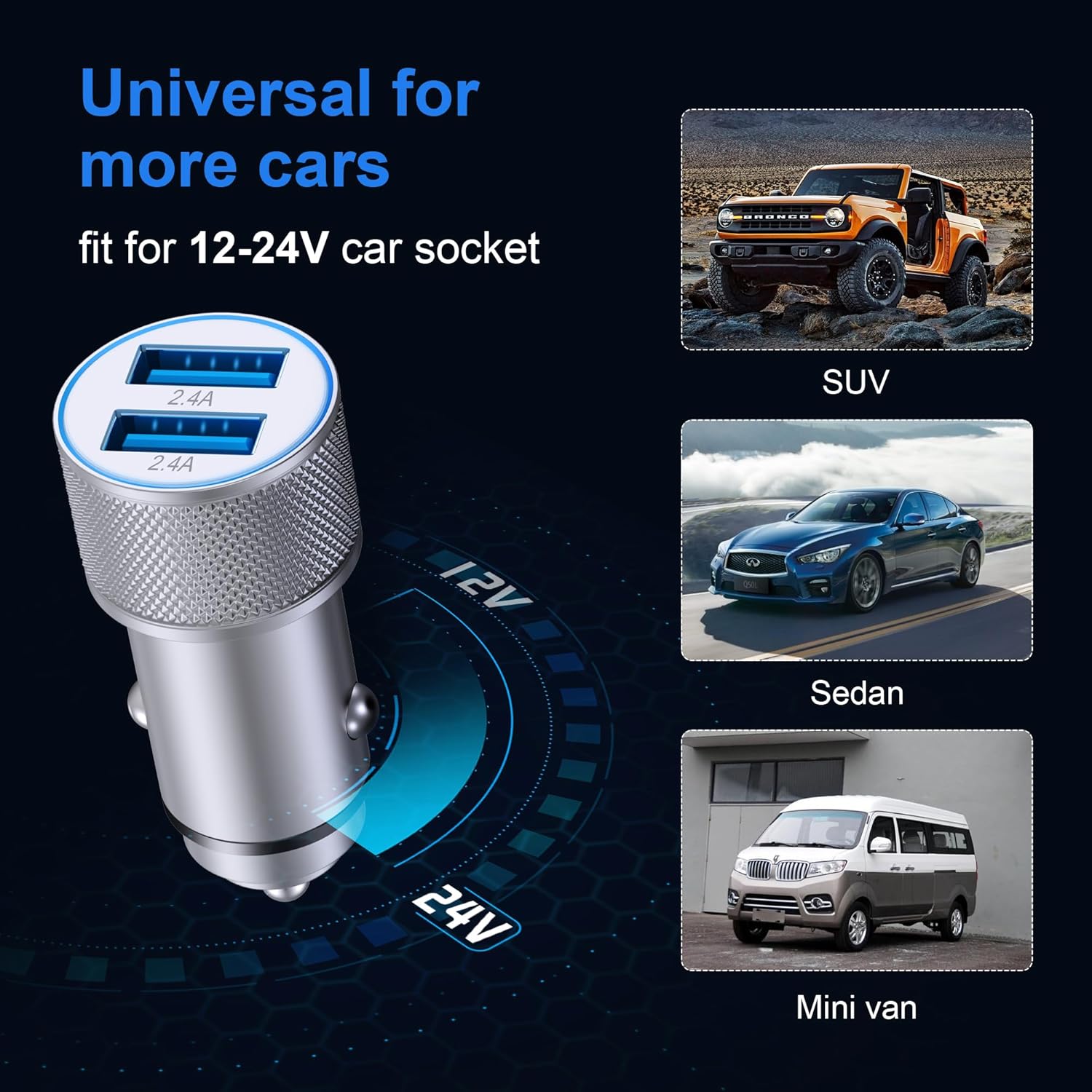 LUOSIKE 12W Dual-USB Car Charger with Phone Charging Cable, 5 V/2.4 A 2-Port Car Charger and 1 m Cable, 12 V/24 V Socket for Car, Compatible with Smartphones