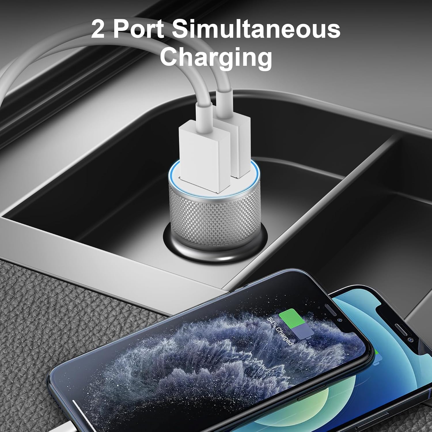LUOSIKE 12W Dual-USB Car Charger with Phone Charging Cable, 5 V/2.4 A 2-Port Car Charger and 1 m Cable, 12 V/24 V Socket for Car, Compatible with Smartphones