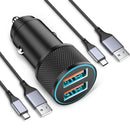 LUOSIKE 36W Dual-USB CAr Charger with 2 1m Braided Type-C Cables, QC3.0 Fast Charger, Alloy Charger with LED, Car Charger Compatible with Samsung, Google, Xiaomi, Oneplus