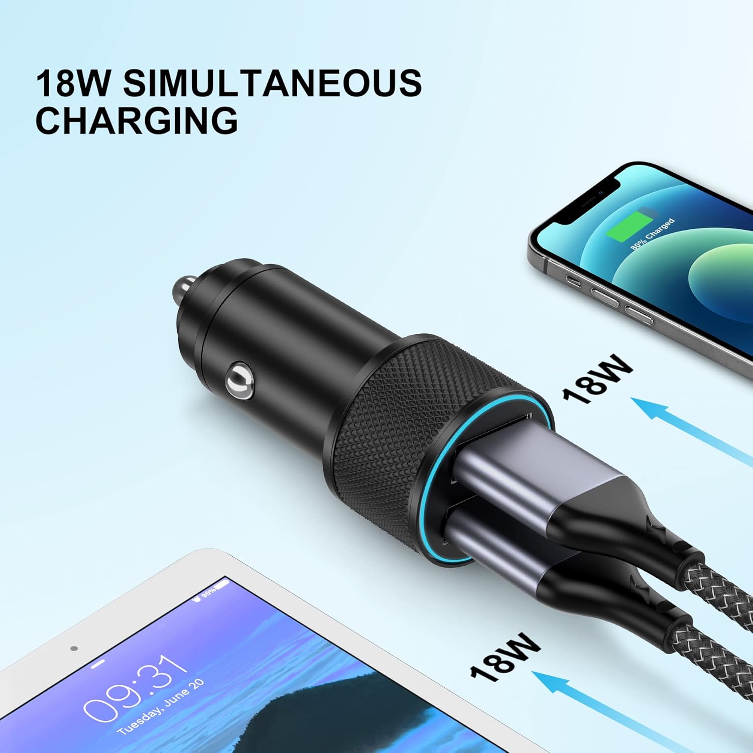 LUOSIKE 36W Dual-USB CAr Charger with 2 1m Braided Type-C Cables, QC3.0 Fast Charger, Alloy Charger with LED, Car Charger Compatible with Samsung, Google, Xiaomi, Oneplus