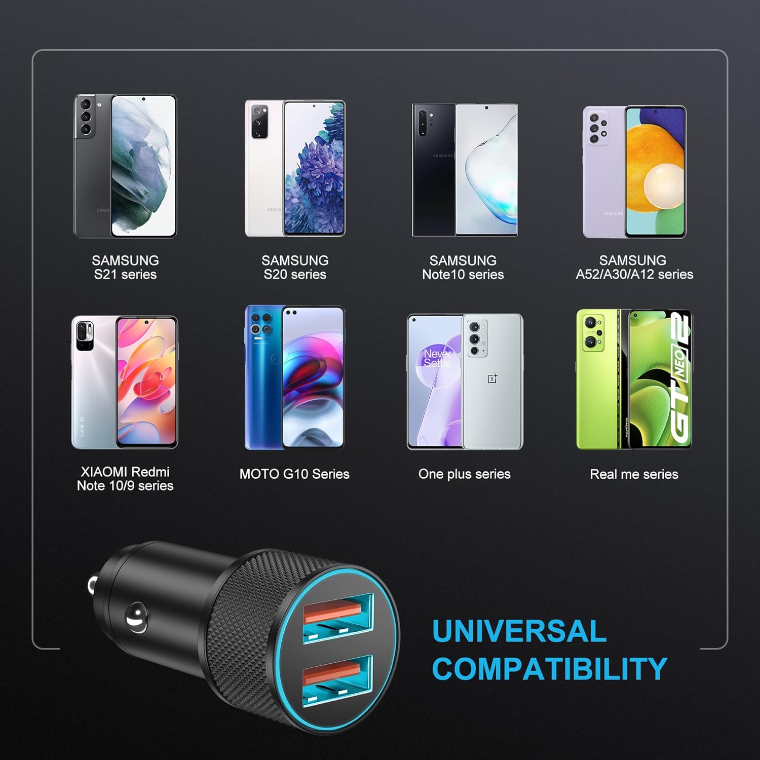 LUOSIKE 36W Dual-USB CAr Charger with 2 1m Braided Type-C Cables, QC3.0 Fast Charger, Alloy Charger with LED, Car Charger Compatible with Samsung, Google, Xiaomi, Oneplus