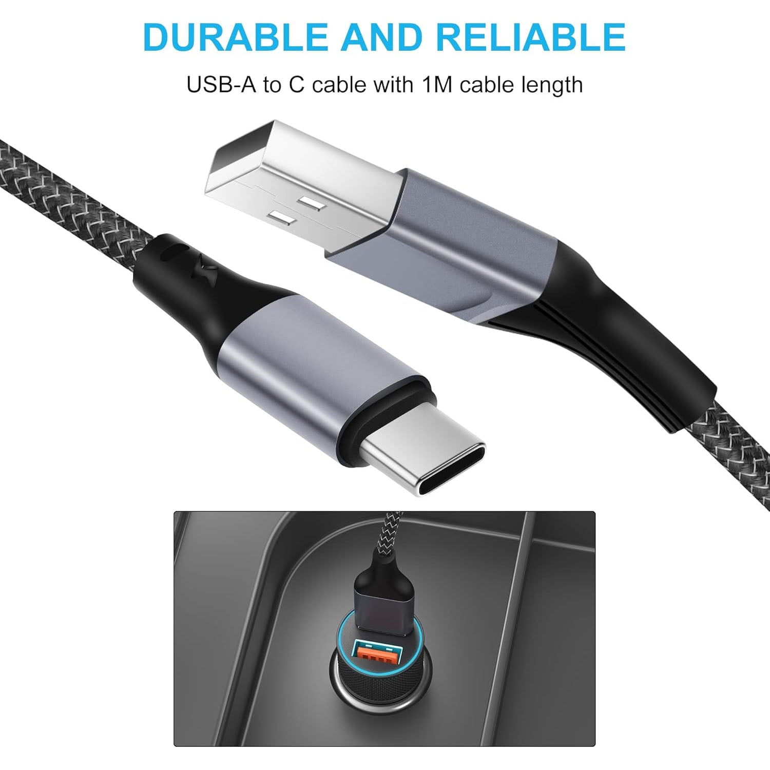LUOSIKE 36W Dual-USB CAr Charger with 2 1m Braided Type-C Cables, QC3.0 Fast Charger, Alloy Charger with LED, Car Charger Compatible with Samsung, Google, Xiaomi, Oneplus