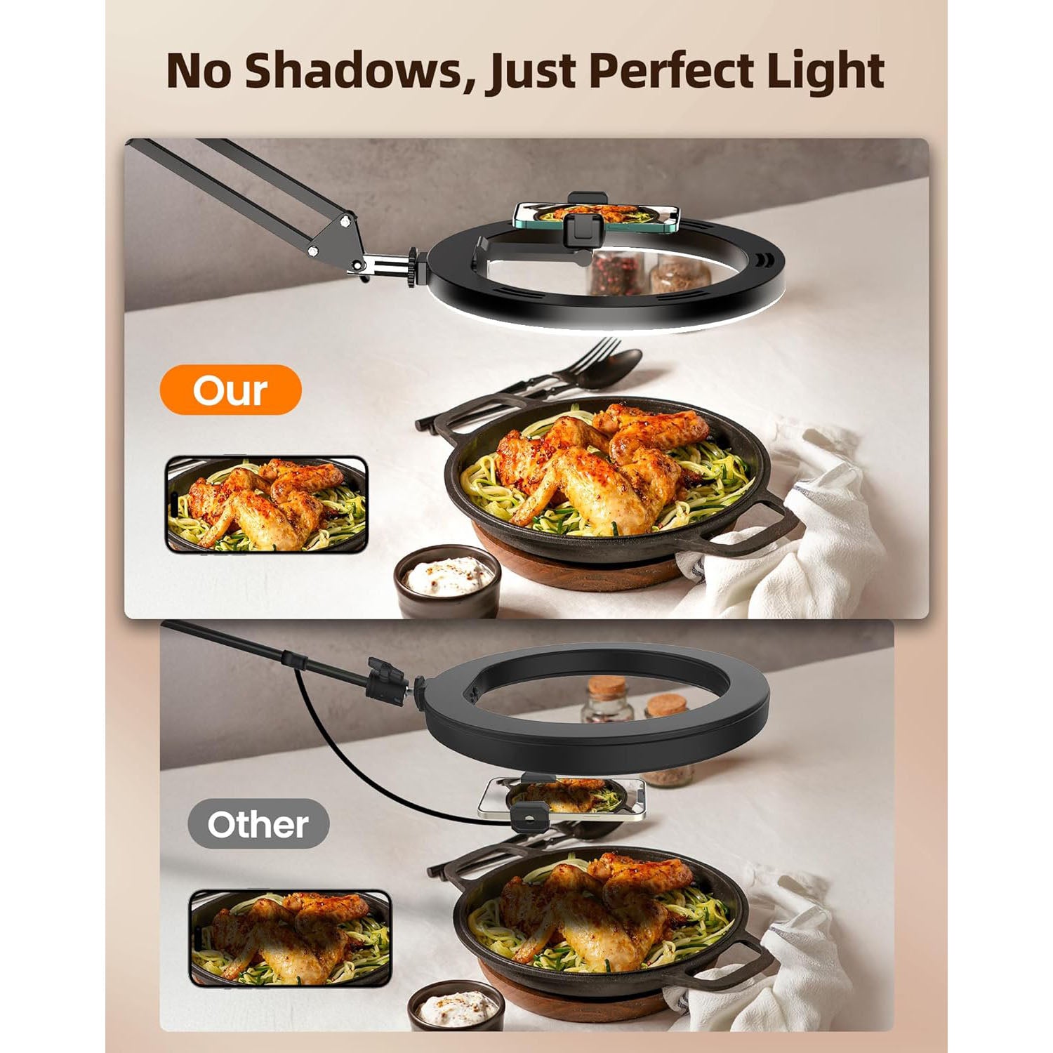 Luxure 10" LED Ring Light with Overhead Phone Mount for Desk with Stand and Remote MZ-10