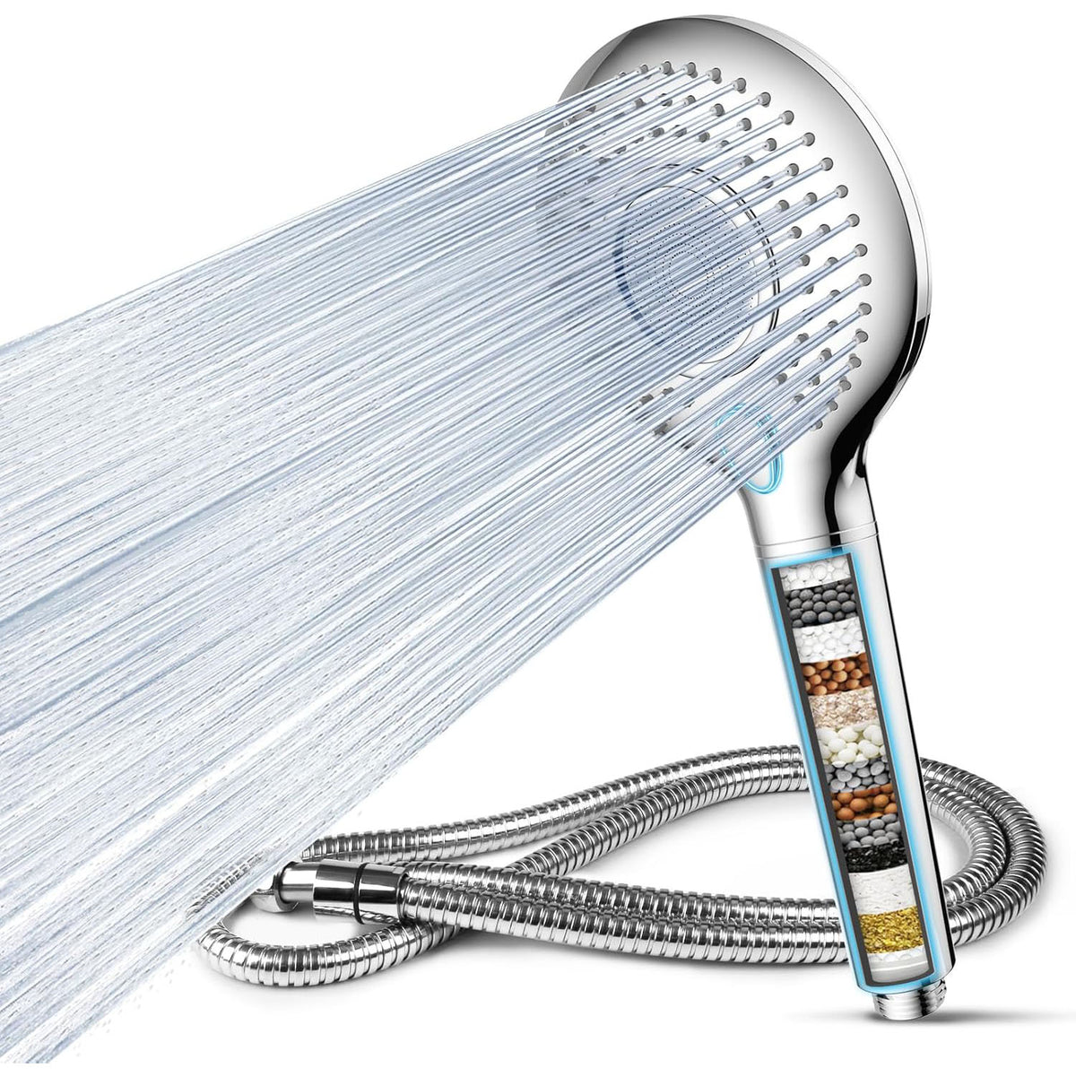 MEKO Hard Water Filter Shower Head, 15 Stage Shower Filter 3 Spray Modes High Pressure Shower Heads and 1.5m Hose, Residual Chlorine Remove Shower Filter, Handheld Shower Head and Hose (Silver)