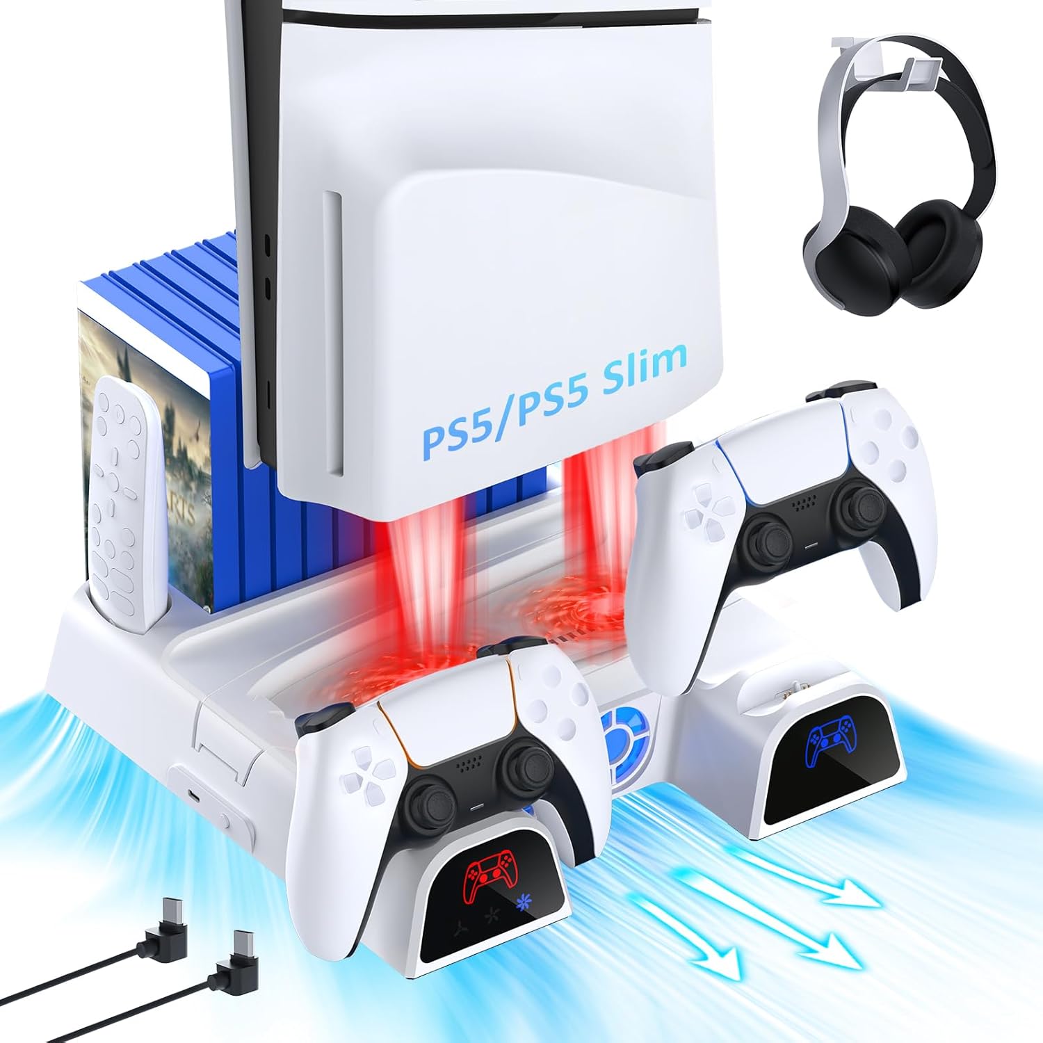 NexiGo PS5/Slim Stand and Cooling Station with LED Controller Charging Station for PS5 Disc & Digital Edition Dual Controller Charging Station, 3 Levels Adjustable Fan Speed, 10 Game Rack Organizer