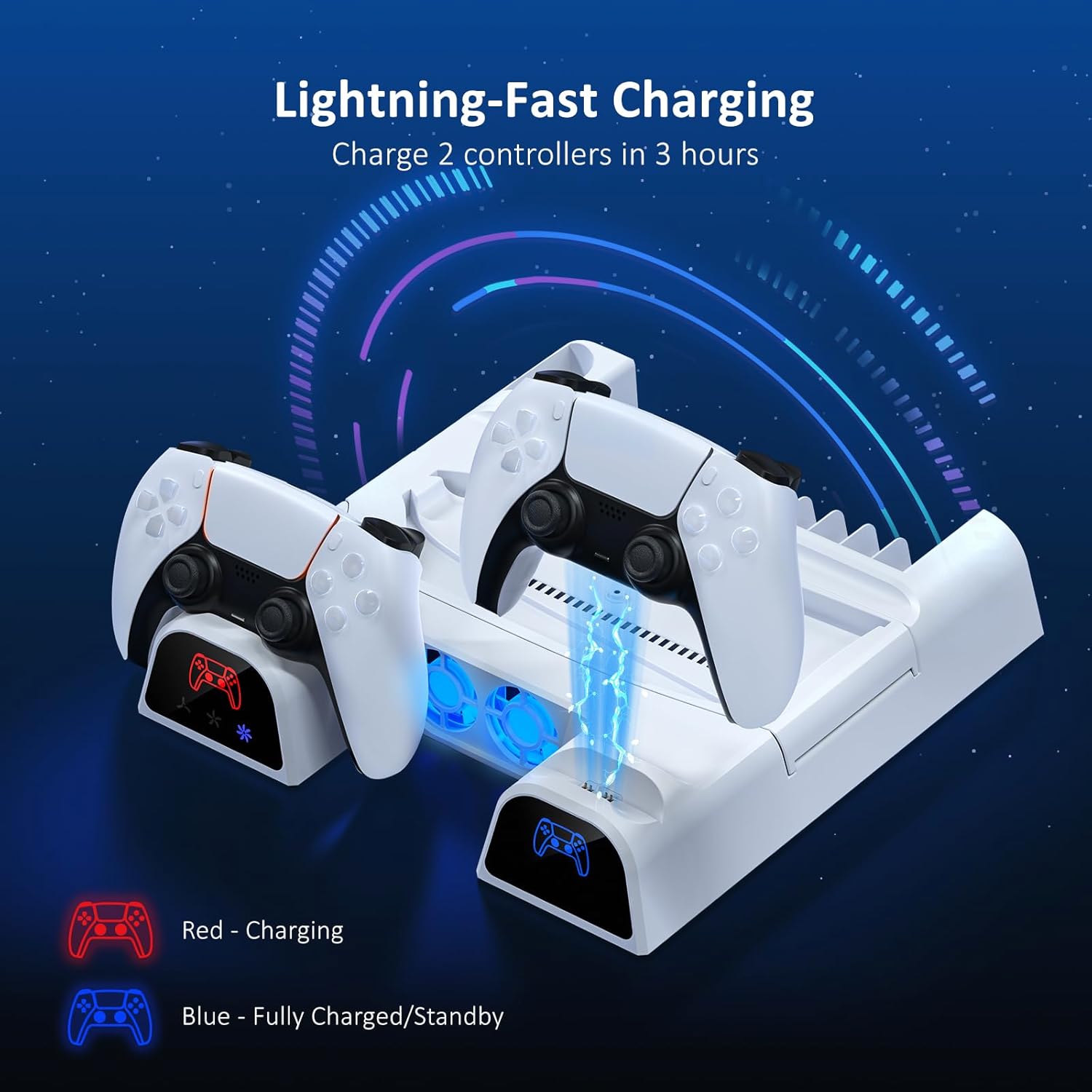 NexiGo PS5/Slim Stand and Cooling Station with LED Controller Charging Station for PS5 Disc & Digital Edition Dual Controller Charging Station, 3 Levels Adjustable Fan Speed, 10 Game Rack Organizer