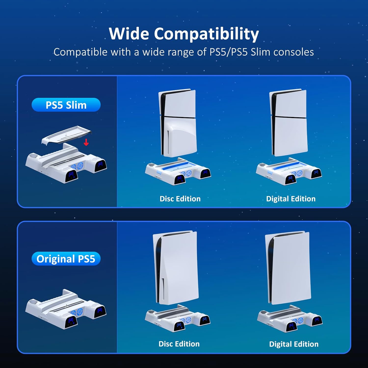 NexiGo PS5/Slim Stand and Cooling Station with LED Controller Charging Station for PS5 Disc & Digital Edition Dual Controller Charging Station, 3 Levels Adjustable Fan Speed, 10 Game Rack Organizer