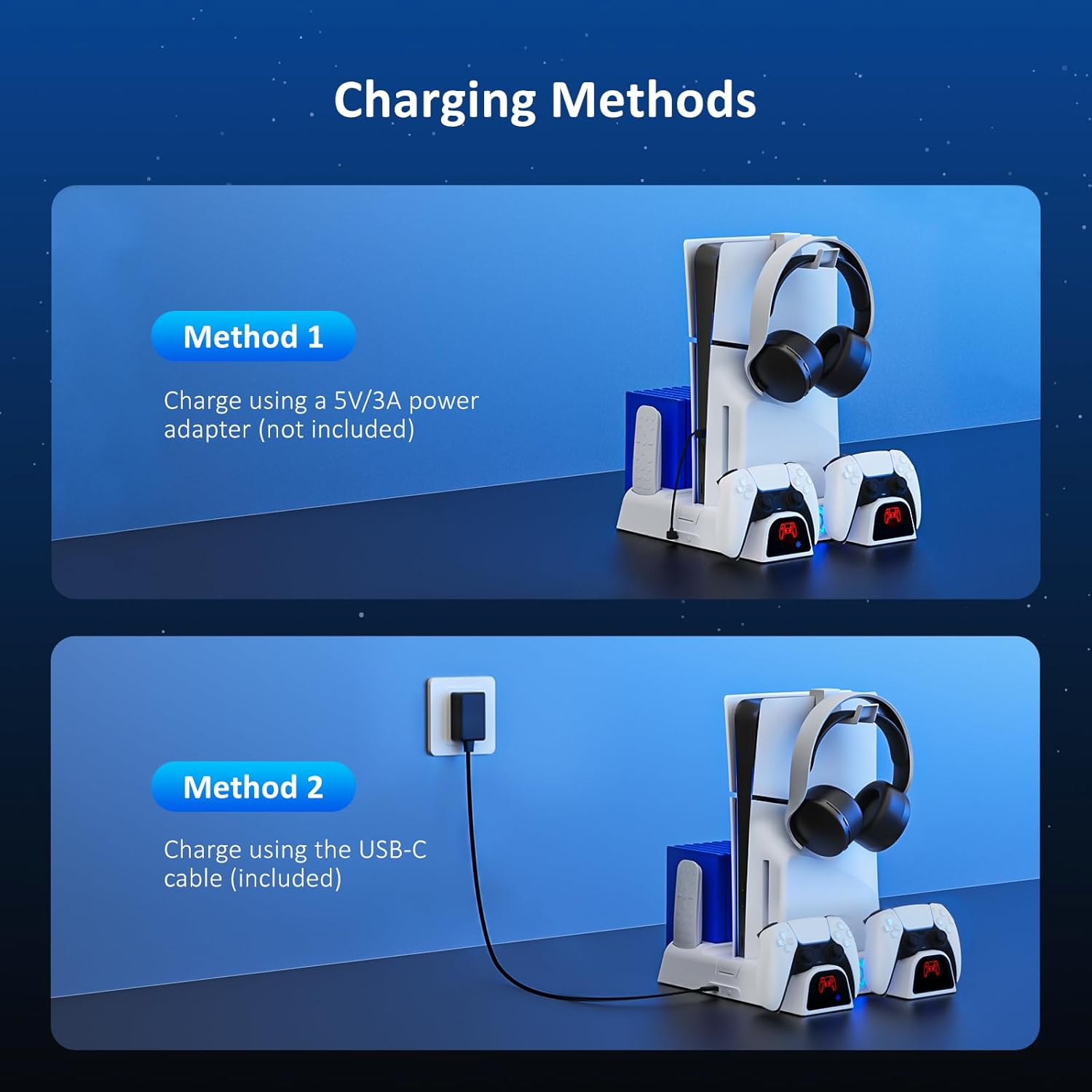 NexiGo PS5/Slim Stand and Cooling Station with LED Controller Charging Station for PS5 Disc & Digital Edition Dual Controller Charging Station, 3 Levels Adjustable Fan Speed, 10 Game Rack Organizer