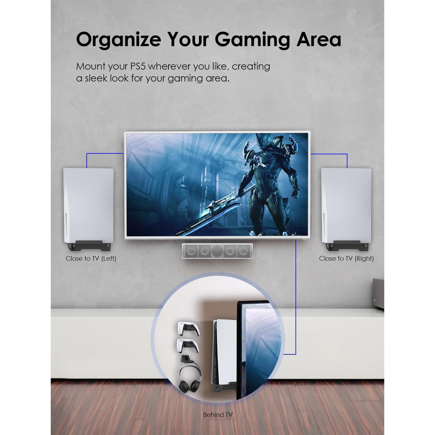 NexiGo Wall Mount Set for PlayStation 5 (Disc & Digital), [Space Saving & Improved Airflow] Sturdy Steel Wall Stand Holder Mount PS5 Console Near or Behind TV w/Controller Holder & Headphone Hanger