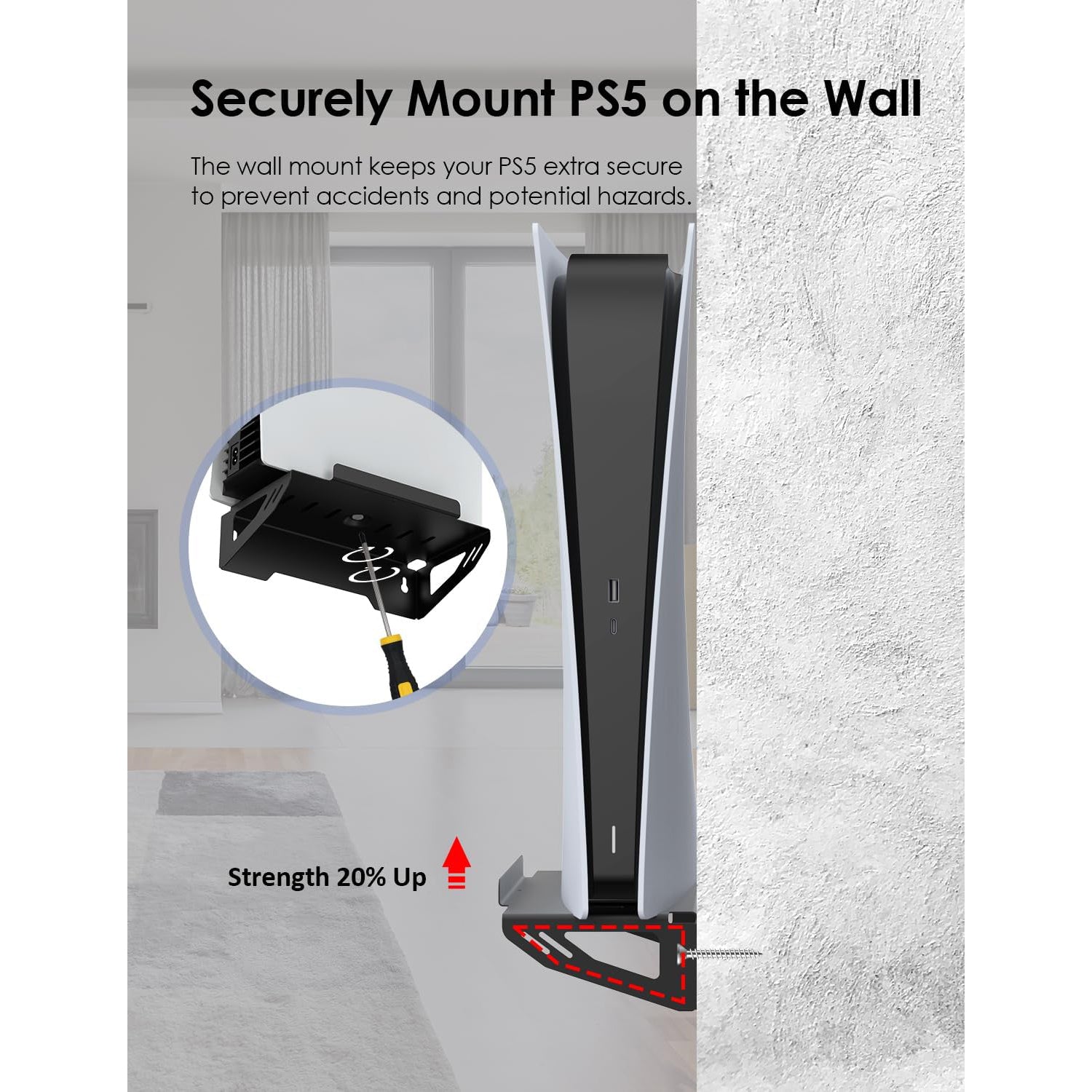 NexiGo Wall Mount Set for PlayStation 5 (Disc & Digital), [Space Saving & Improved Airflow] Sturdy Steel Wall Stand Holder Mount PS5 Console Near or Behind TV w/Controller Holder & Headphone Hanger