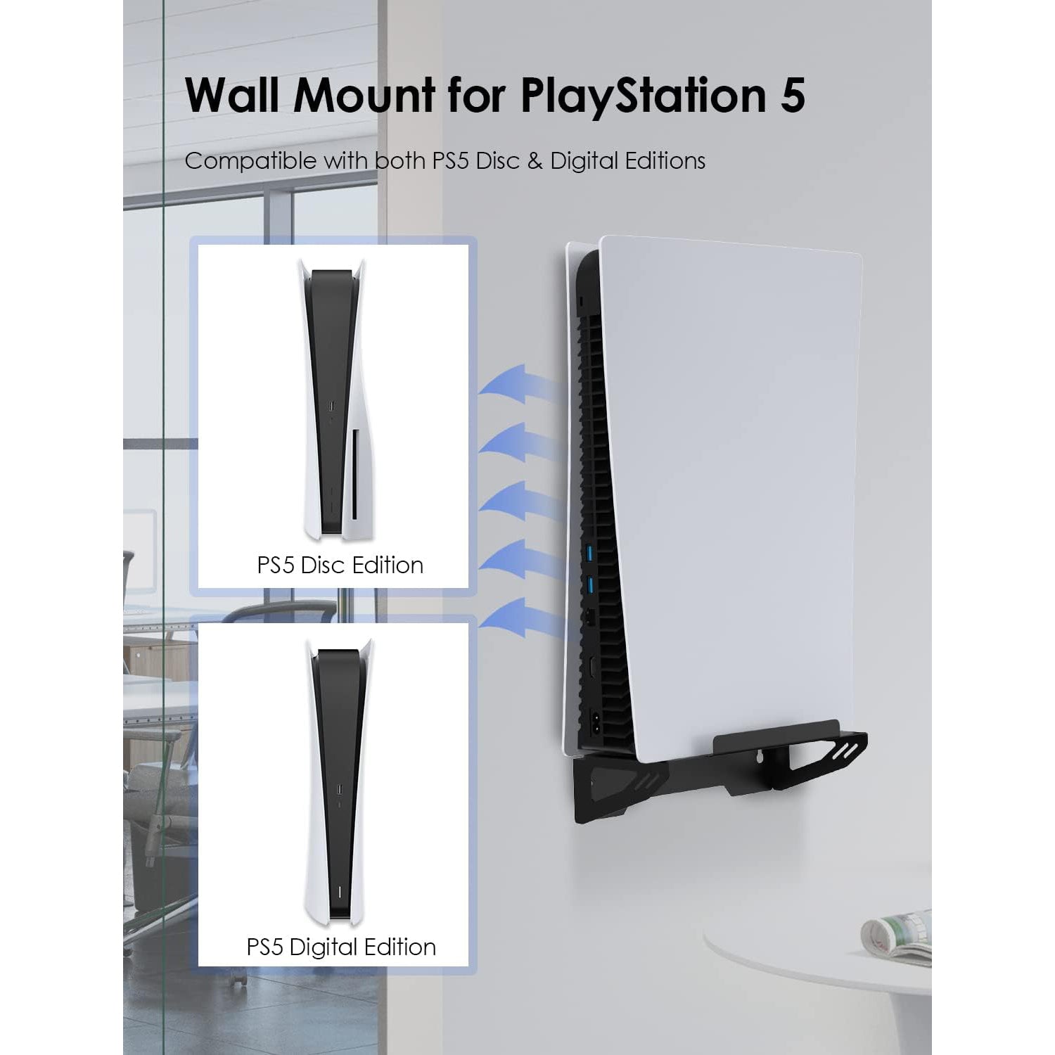 NexiGo Wall Mount Set for PlayStation 5 (Disc & Digital), [Space Saving & Improved Airflow] Sturdy Steel Wall Stand Holder Mount PS5 Console Near or Behind TV w/Controller Holder & Headphone Hanger
