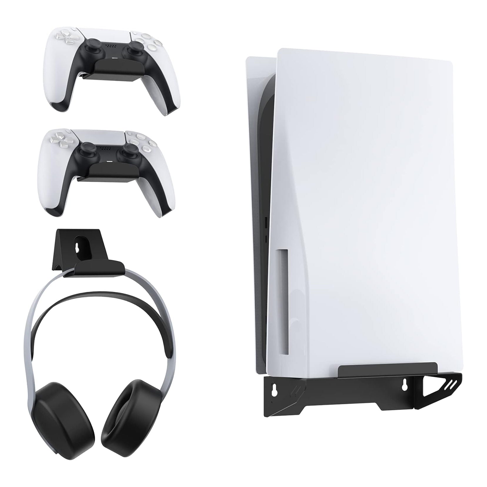 NexiGo Wall Mount Set for PlayStation 5 (Disc & Digital), [Space Saving & Improved Airflow] Sturdy Steel Wall Stand Holder Mount PS5 Console Near or Behind TV w/Controller Holder & Headphone Hanger