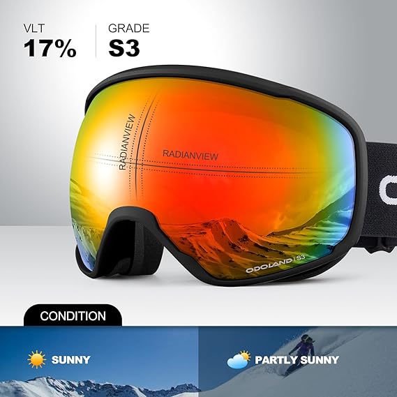 Odoland OTG Ski Goggles with Anti-fog, Anti-glare Lens UV400 Protection Adult Snow Goggles, Double Spherical Goggles for Skiing Skating Snowmobiles and Snowboards Suit Men and Women