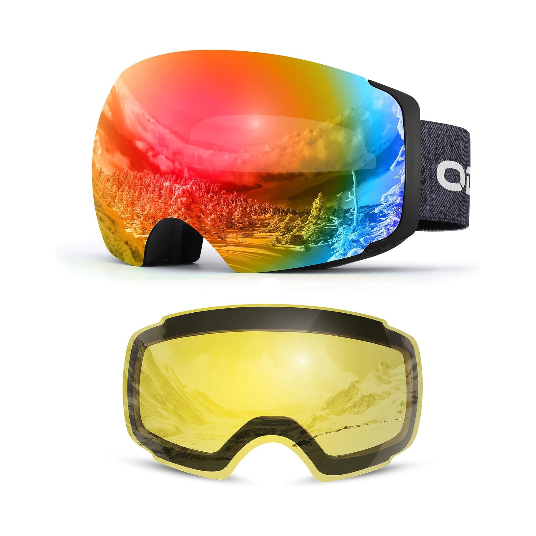 Odoland Ski Goggles Set with Detachable Magnetic Lens, Frameless Interchangeable Lens for Cloudy or Sunny, Anti-Fog UV Protection Men Women Snow Goggles for Skating Skiing and Snowboard