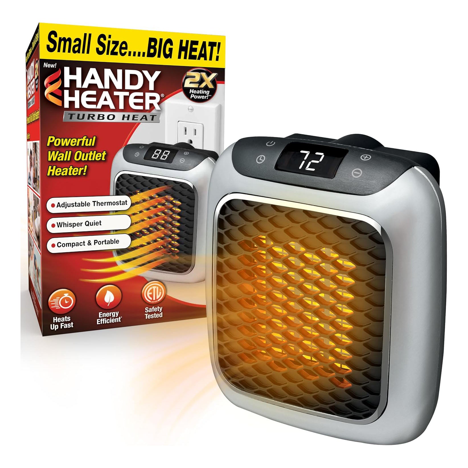 Ontel Handy 1200W Heater Turbo Wall Outlet Plug In Heater – Portable Indoor Ceramic Space Heater w/Adjustable Thermostat, 12-Hour Timer, Auto Shut Off, Quiet – Plug In Wall for Office, Bedroom, Camping