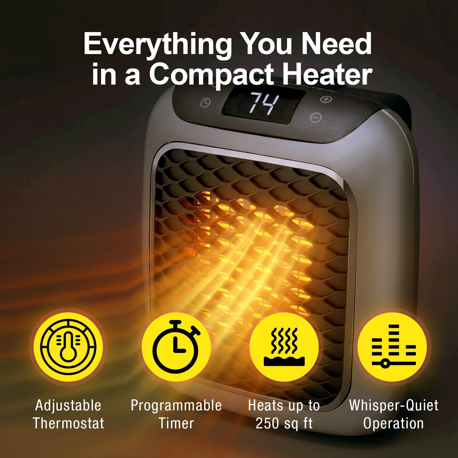 Ontel Handy 1200W Heater Turbo Wall Outlet Plug In Heater – Portable Indoor Ceramic Space Heater w/Adjustable Thermostat, 12-Hour Timer, Auto Shut Off, Quiet – Plug In Wall for Office, Bedroom, Camping