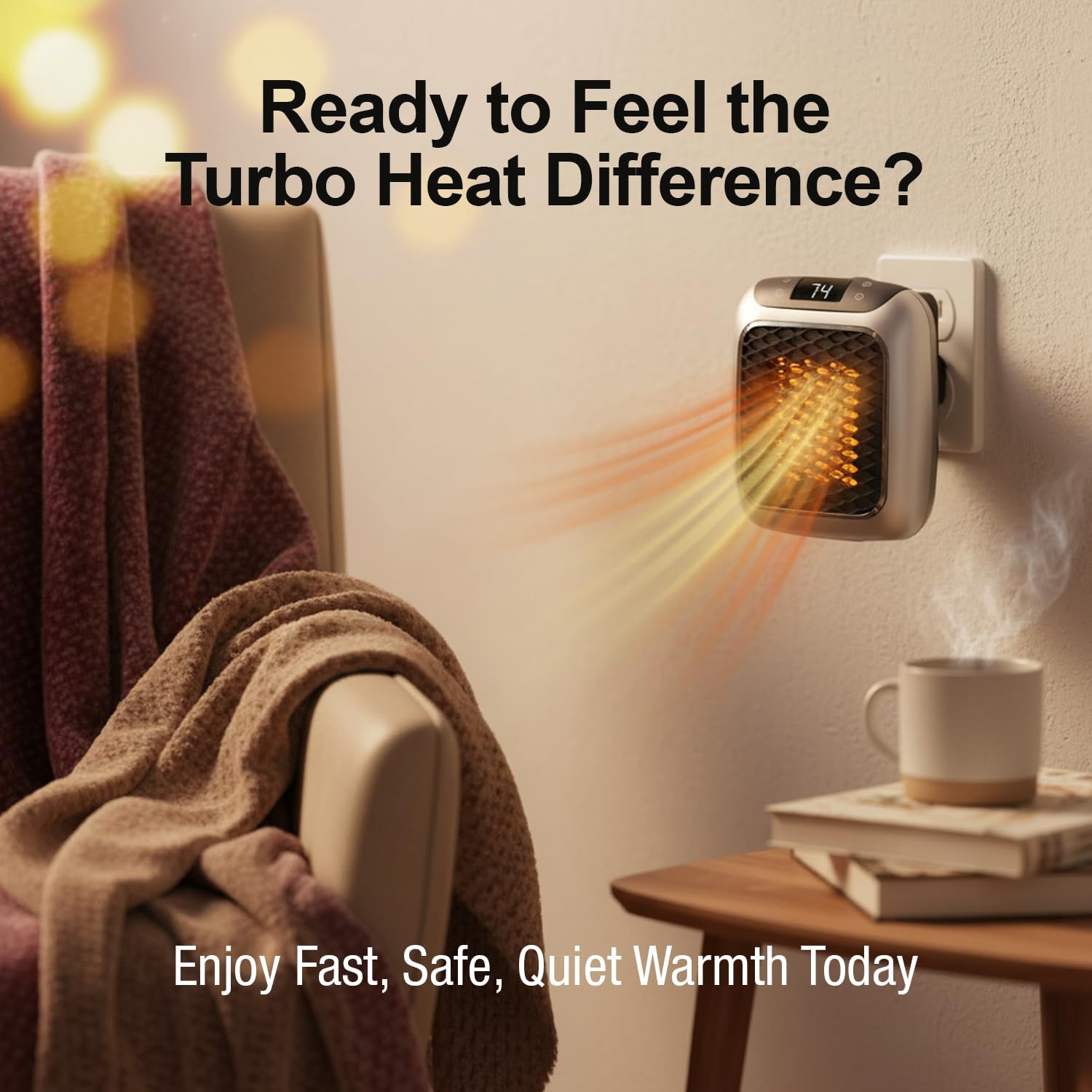 Ontel Handy 1200W Heater Turbo Wall Outlet Plug In Heater – Portable Indoor Ceramic Space Heater w/Adjustable Thermostat, 12-Hour Timer, Auto Shut Off, Quiet – Plug In Wall for Office, Bedroom, Camping