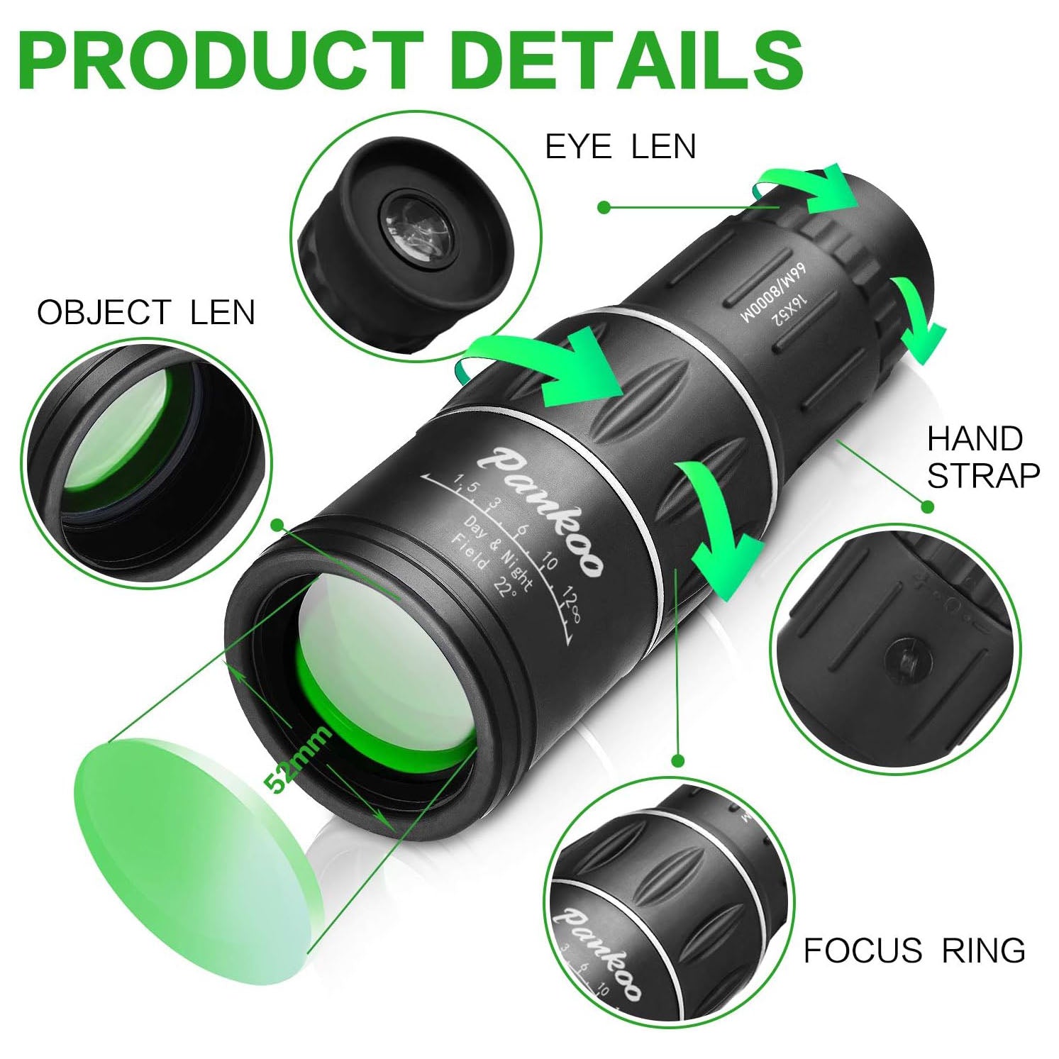 Pankoo High Powered 16X52 Monocular Telescope for Adults - 2025 Power Prism, Compact HD Scope, Suitable for Gifts, Outdoor Activities, Concert, Travelling & Bird Watching