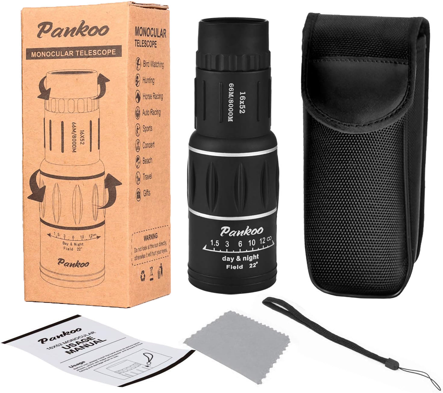 Pankoo High Powered 16X52 Monocular Telescope for Adults - 2025 Power Prism, Compact HD Scope, Suitable for Gifts, Outdoor Activities, Concert, Travelling & Bird Watching