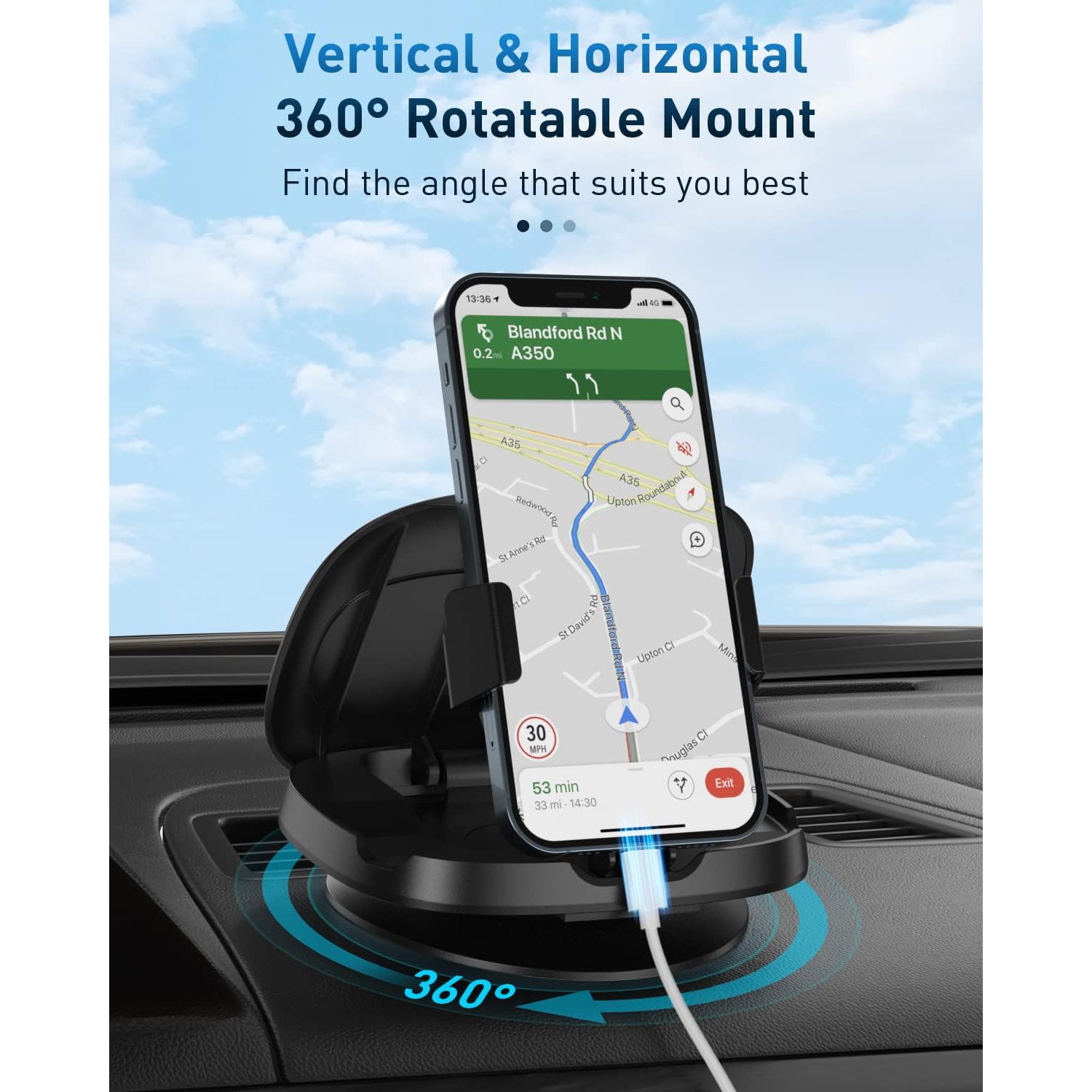 Phone Mount for Car, 360° Rotatable Dashboard Horizontal & Vertical Viewing Cell Phone Holder, Washable Reusable Car Phone Mount