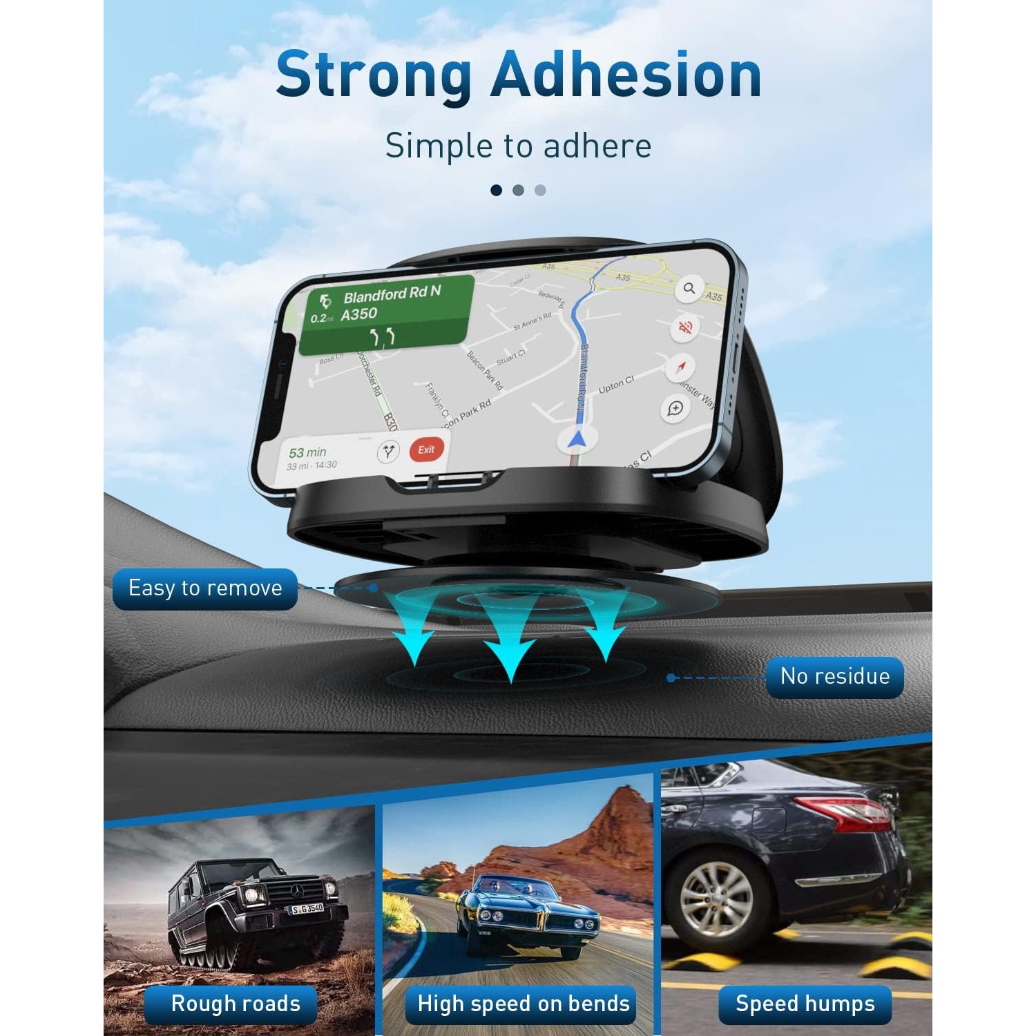 Phone Mount for Car, 360° Rotatable Dashboard Horizontal & Vertical Viewing Cell Phone Holder, Washable Reusable Car Phone Mount