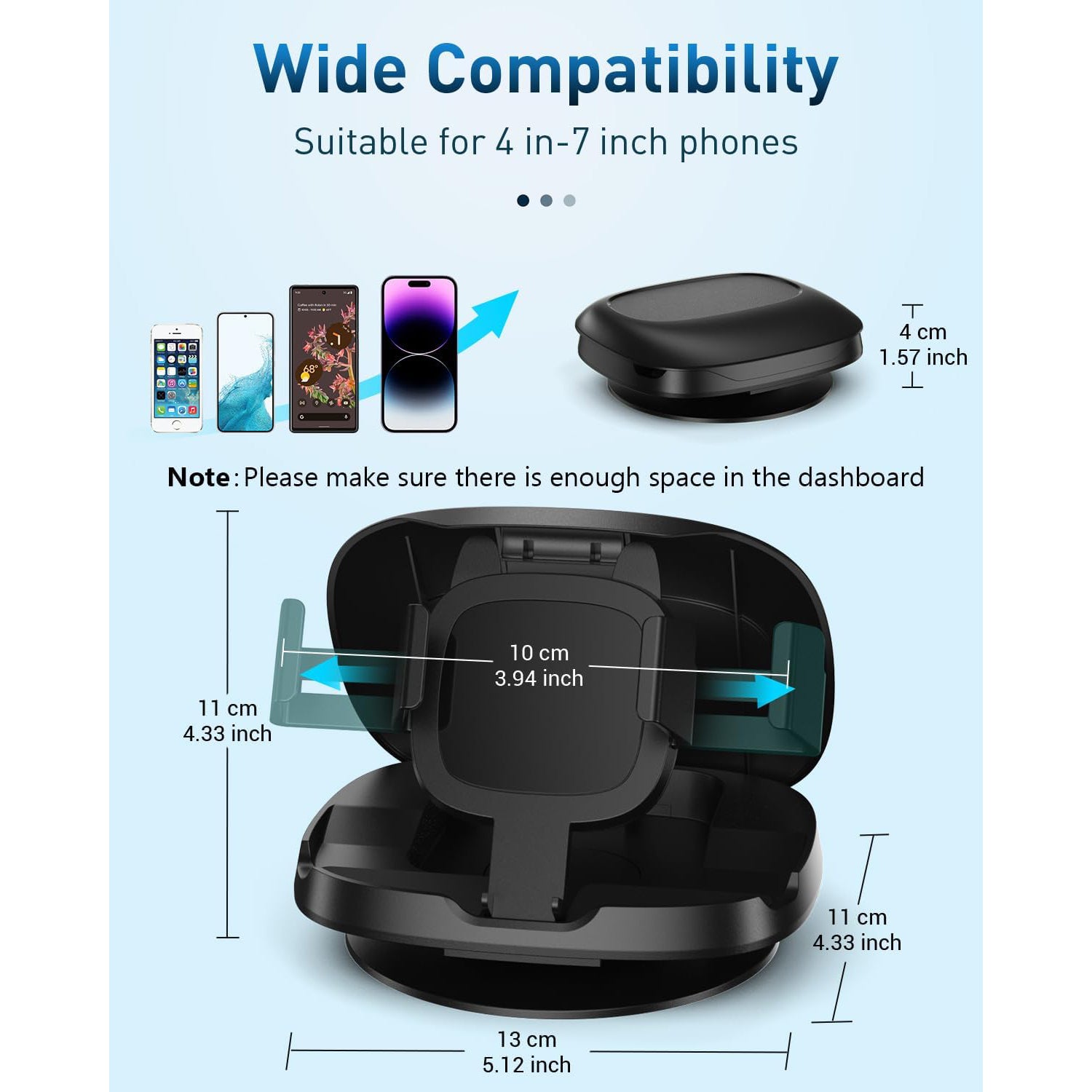 Phone Mount for Car, 360° Rotatable Dashboard Horizontal & Vertical Viewing Cell Phone Holder, Washable Reusable Car Phone Mount
