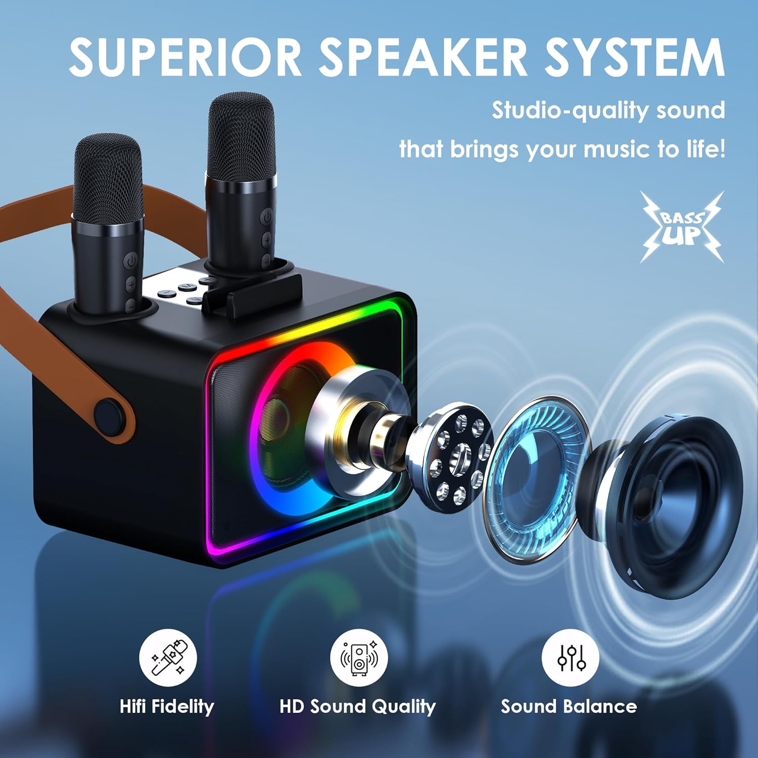 Portable Bluetooth Speaker with 2 Wireless Microphone for Adults & Kids with LED Lights, Karaoke Microphone Machine with PA System Supports USB/TF/AUX,Gift for Party (Black)