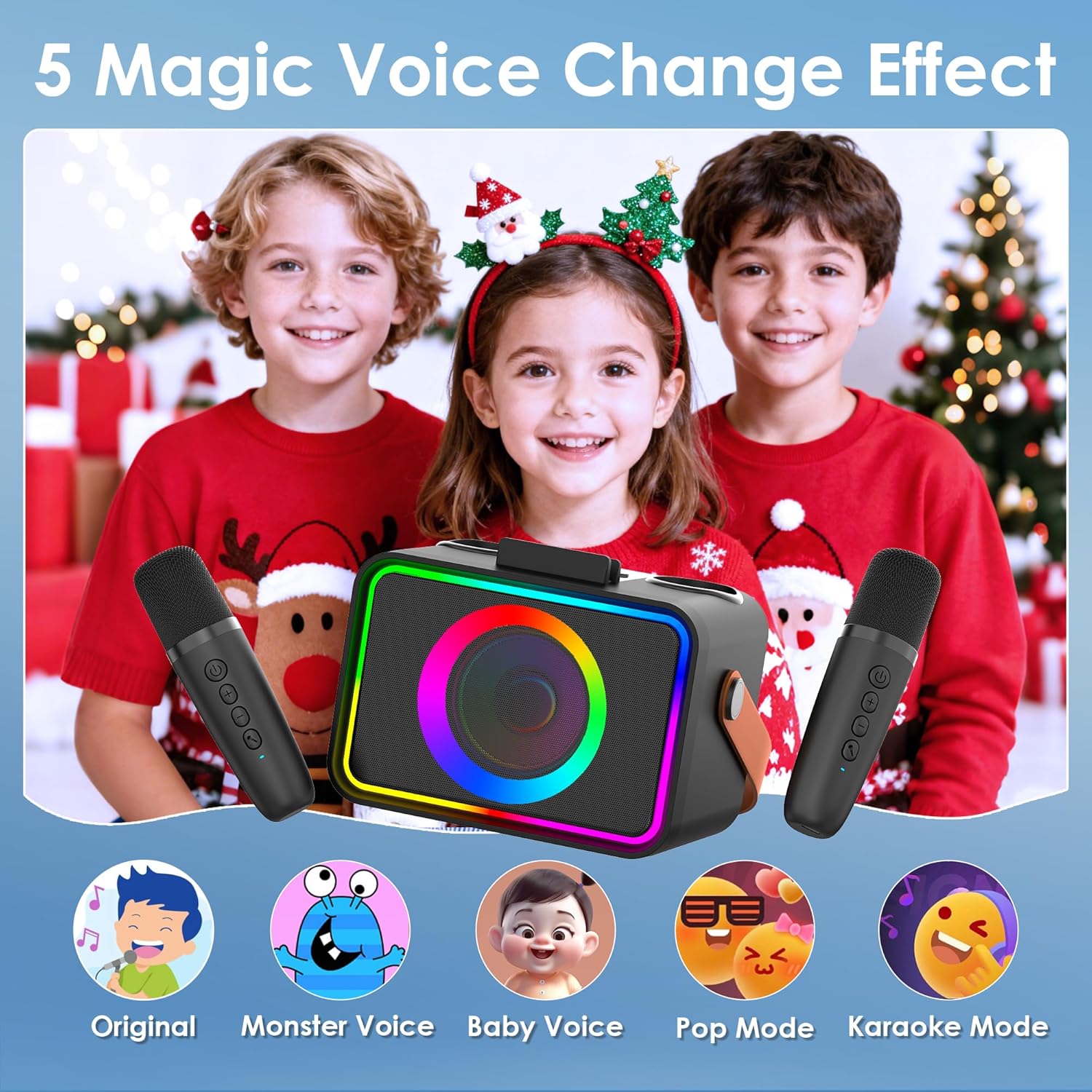 Portable Bluetooth Speaker with 2 Wireless Microphone for Adults & Kids with LED Lights, Karaoke Microphone Machine with PA System Supports USB/TF/AUX,Gift for Party (Black)
